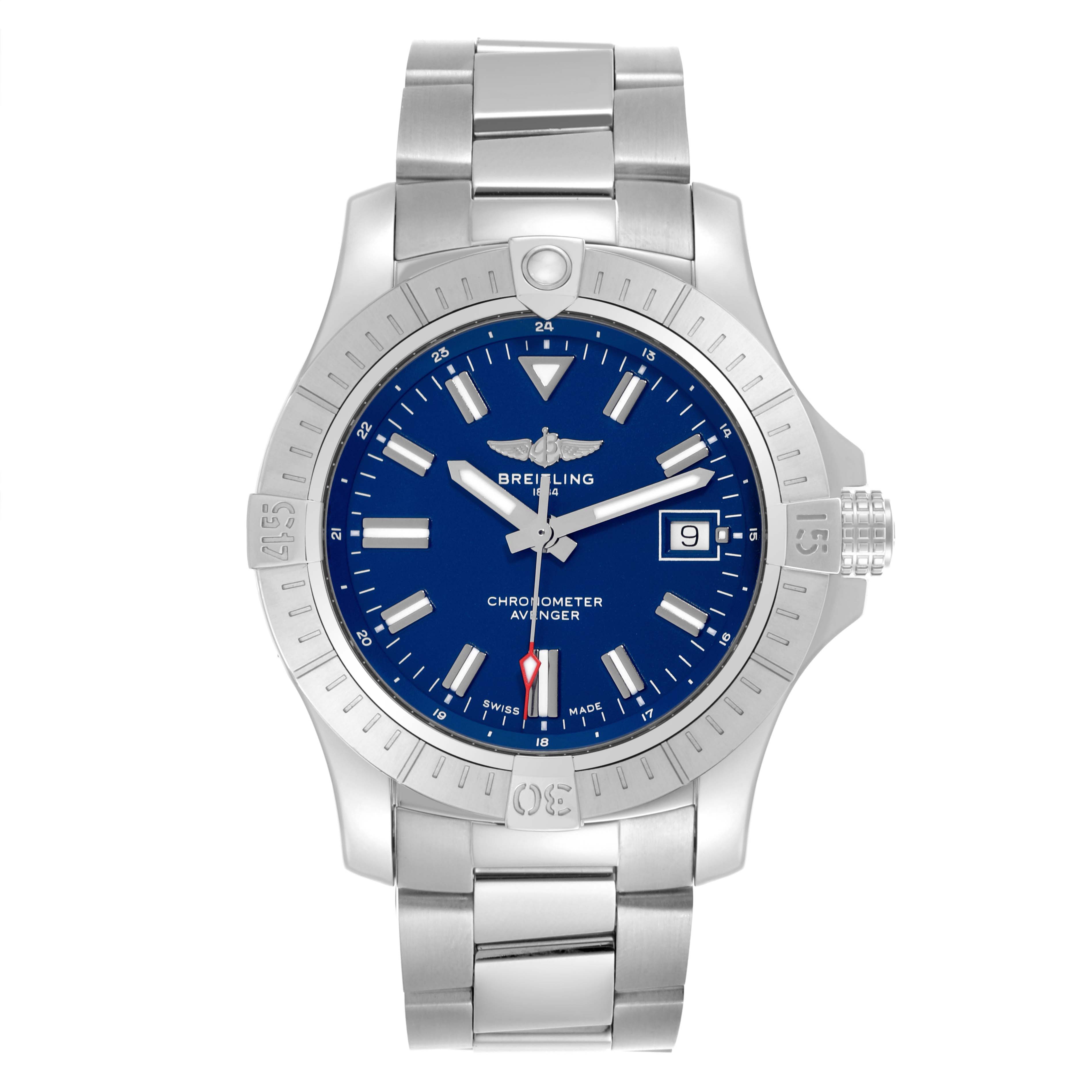The image shows a front view of the Breitling Avenger A17318101C1A1 Men's Stainless Steel Blue Dial A17318101C1A1 Men's Stainless Steel Blue Dial watch, displaying its blue dial, date window, and stainless steel bracelet.