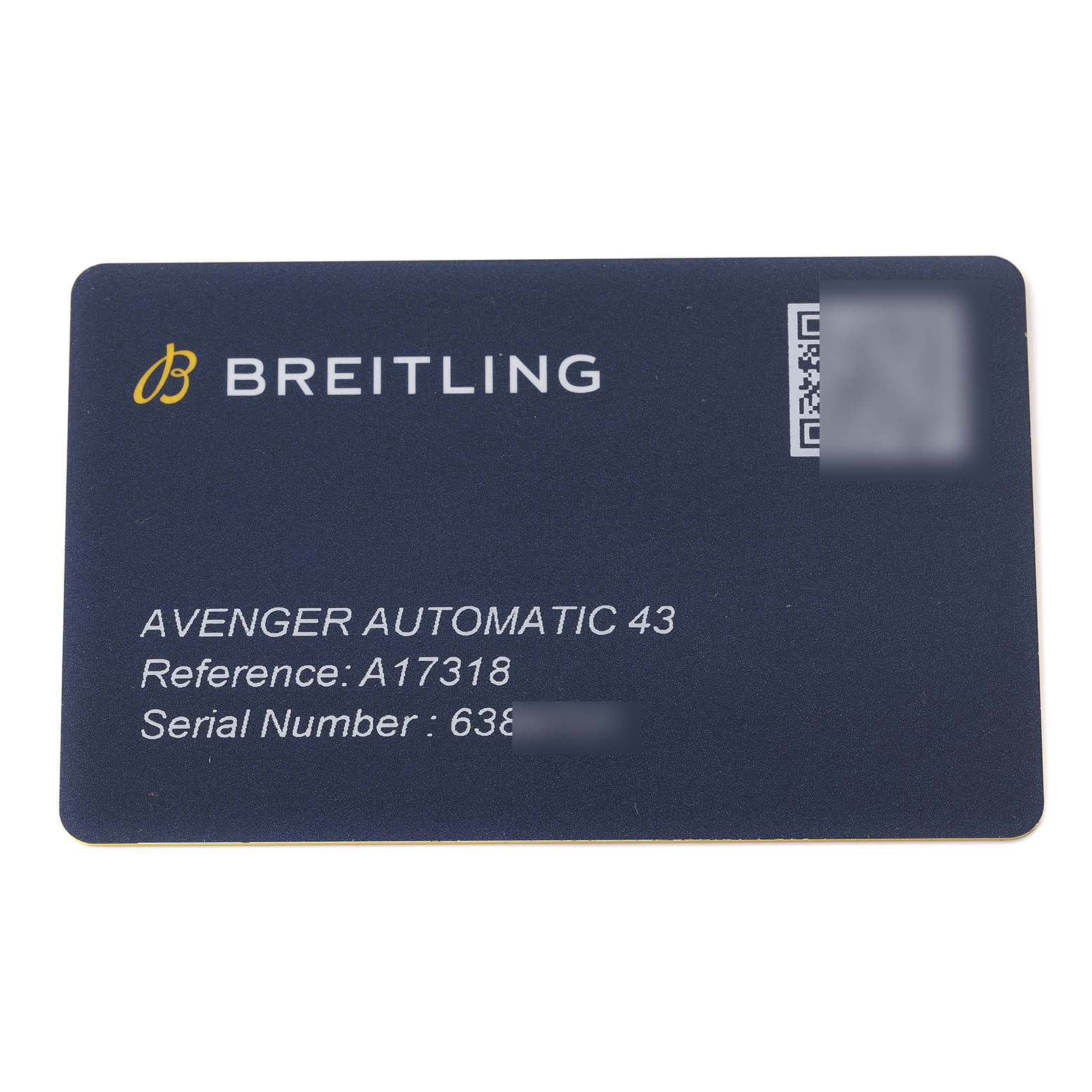 The image shows a Breitling Avenger A17318101C1A1 Men's Stainless Steel Blue Dial A17318101C1A1 Men's Stainless Steel Blue Dial Automatic 43 warranty or reference card featuring the model and serial number.