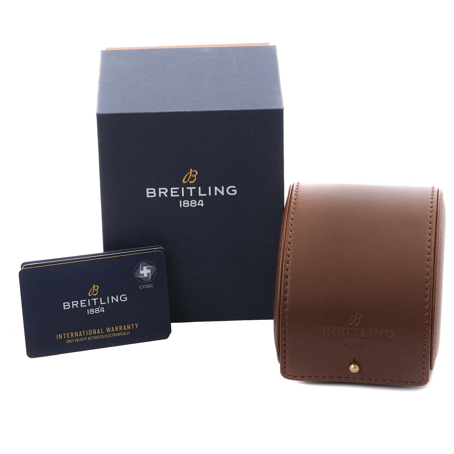 The image shows a Breitling Avenger A17318101C1A1 Men's Stainless Steel Blue Dial A17318101C1A1 Men's Stainless Steel Blue Dial box, a leather carrying case, and the international warranty card.