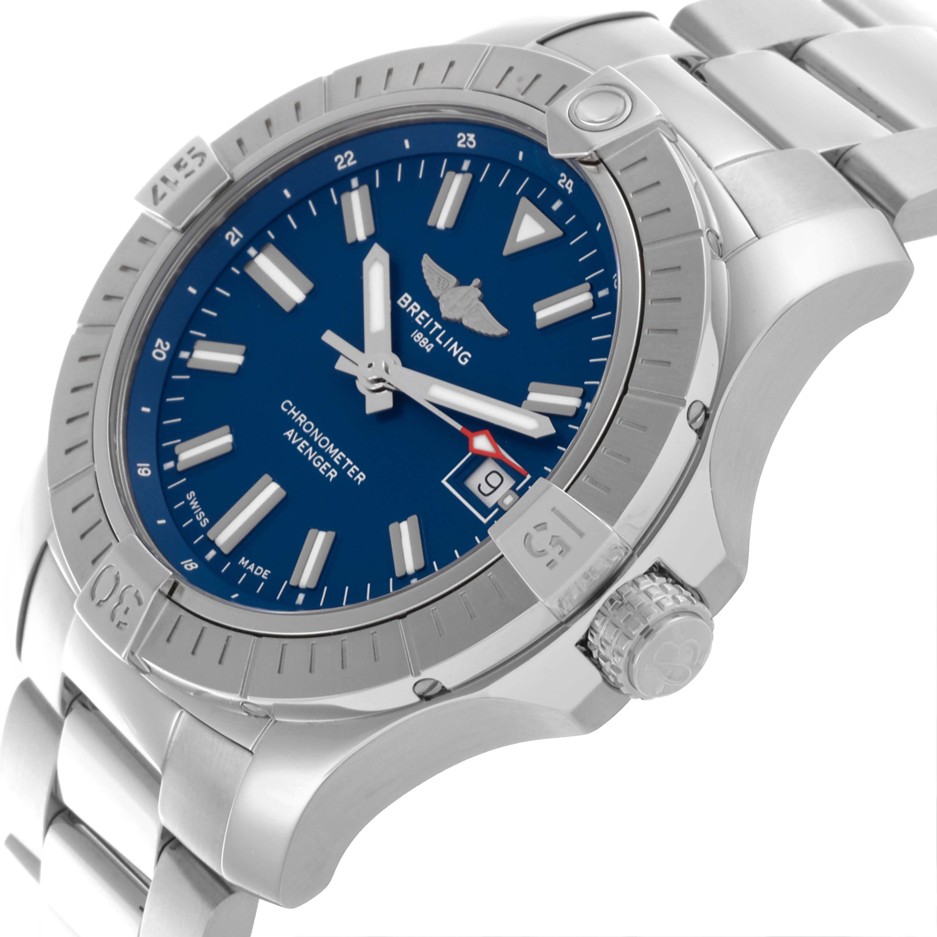 The Breitling Avenger A17318101C1A1 Men's Stainless Steel Blue Dial A17318101C1A1 Men's Stainless Steel Blue Dial watch is shown at a slightly tilted angle, highlighting the dial, bezel, crown, and bracelet.