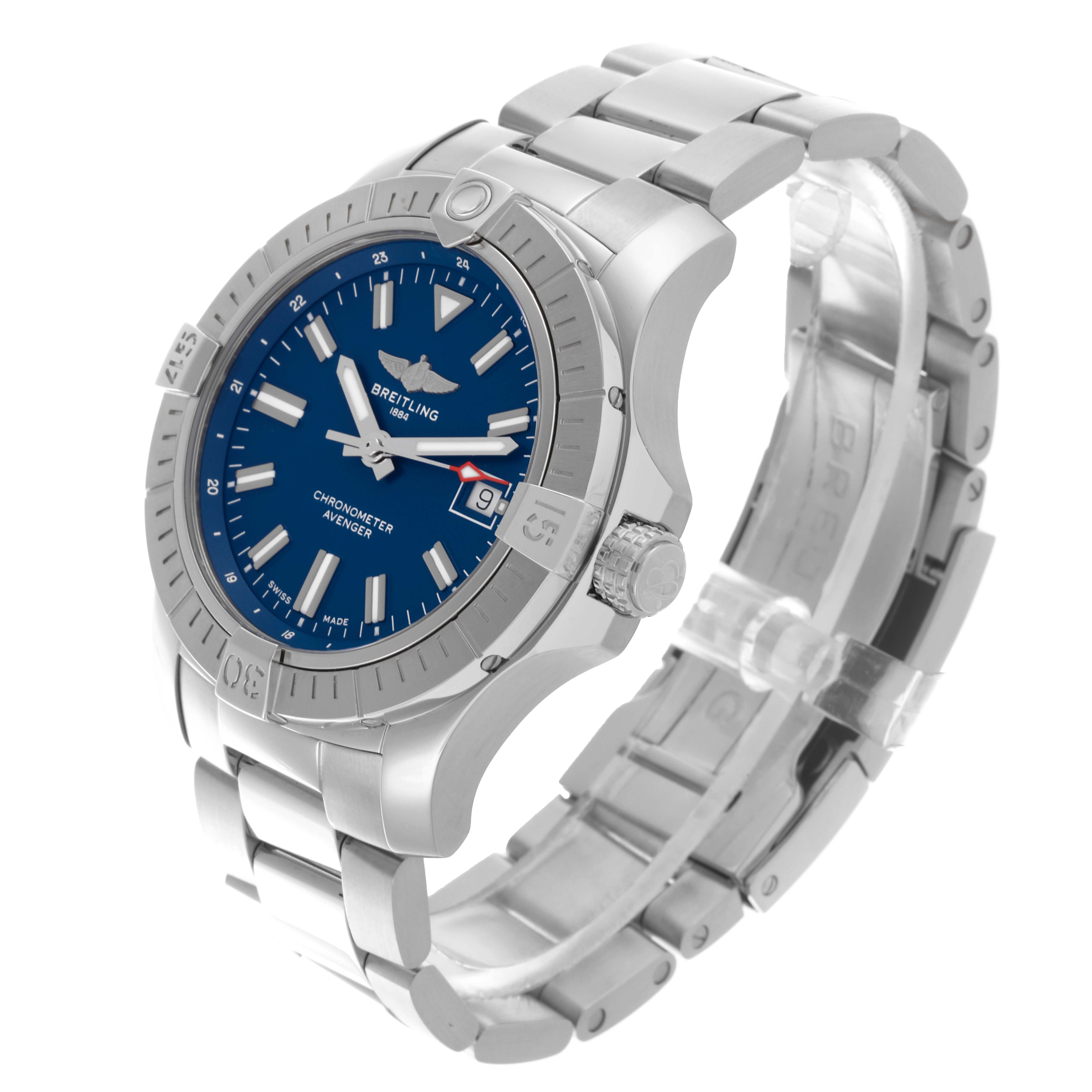 The Breitling Avenger A17318101C1A1 Men's Stainless Steel Blue Dial A17318101C1A1 Men's Stainless Steel Blue Dial watch is shown at a three-quarter angle, highlighting its blue dial, bezel, case, and bracelet.