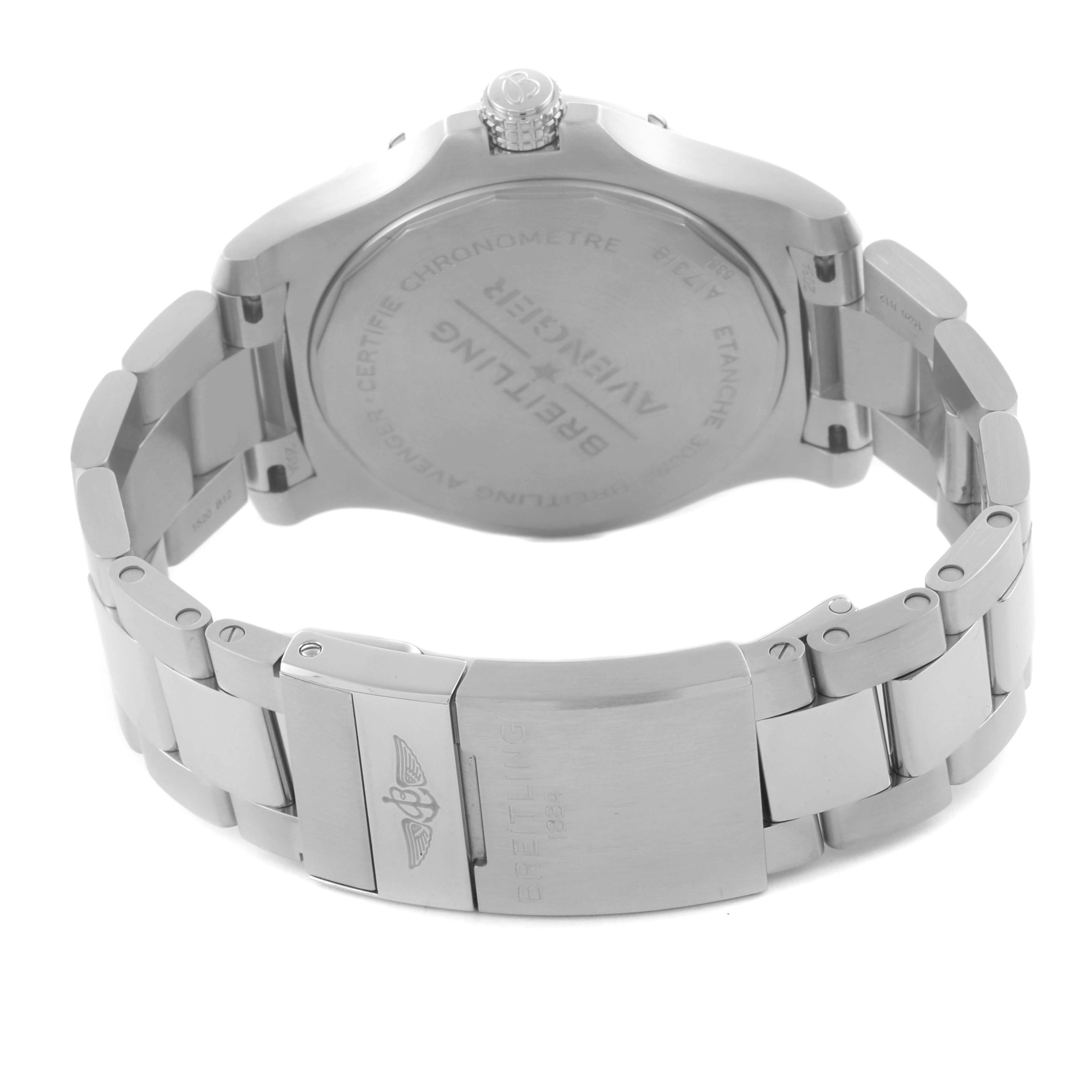 The image shows the back and bracelet of a Breitling Avenger A17318101C1A1 Men's Stainless Steel Blue Dial A17318101C1A1 Men's Stainless Steel Blue Dial watch, displaying the case back and clasp.