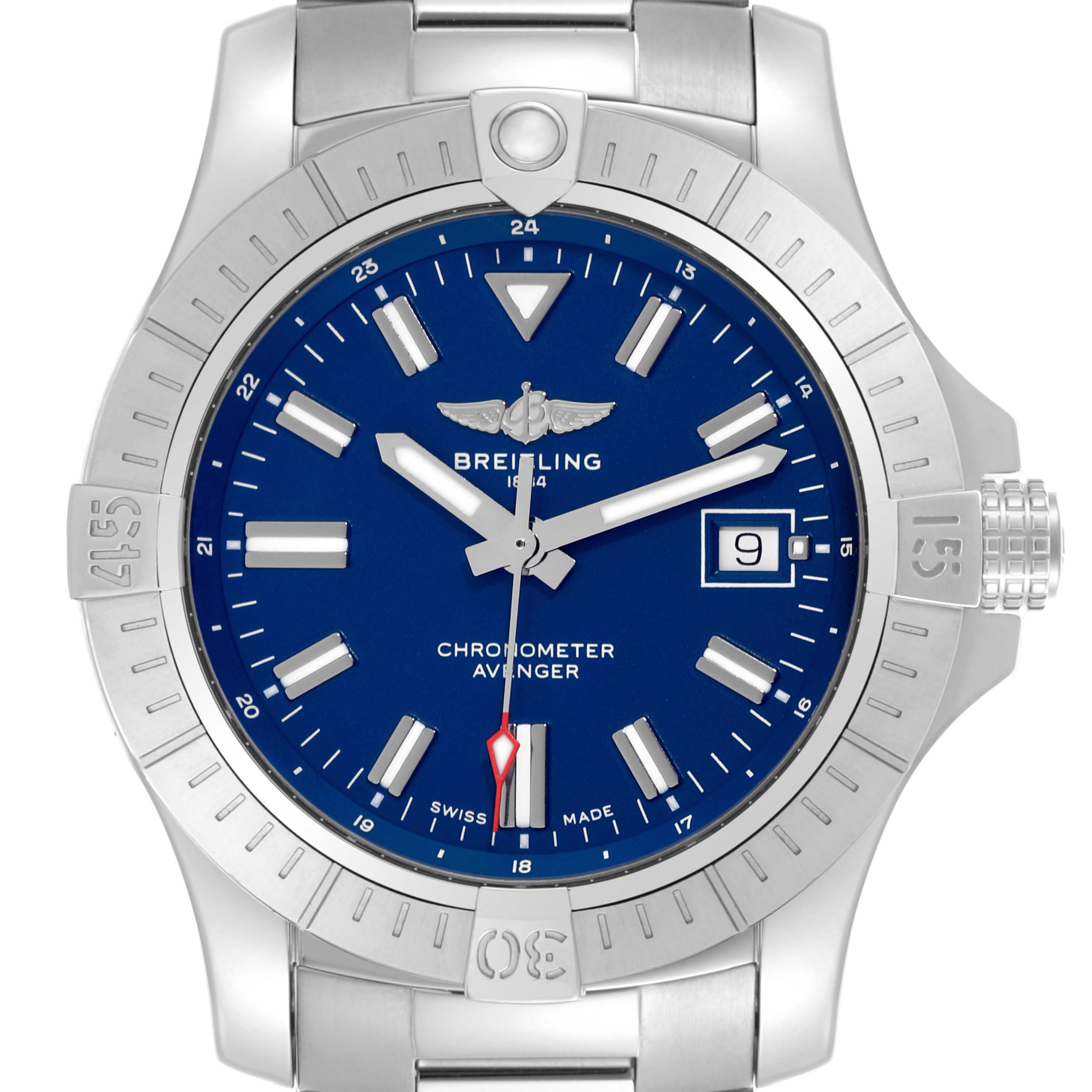 The Breitling Avenger A17318101C1A1 Men's Stainless Steel Blue Dial A17318101C1A1 Men's Stainless Steel Blue Dial watch is shown from the front, displaying its blue dial, date window, and stainless steel bezel.