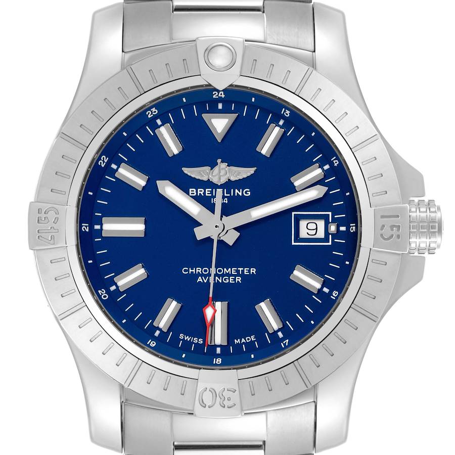 The Breitling Avenger watch is shown from the front, displaying its blue dial, date window, and stainless steel bezel.