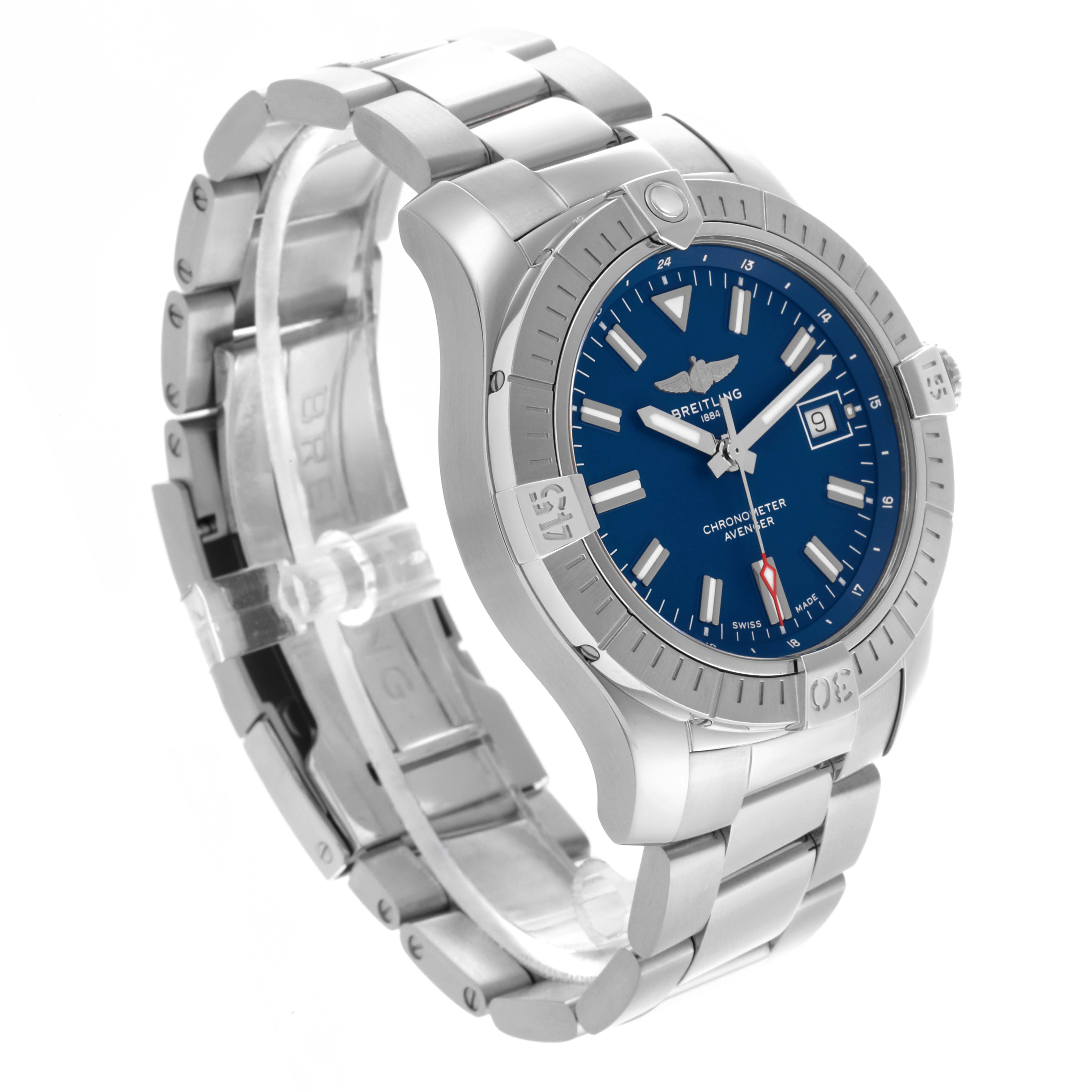 The Breitling Avenger A17318101C1A1 Men's Stainless Steel Blue Dial A17318101C1A1 Men's Stainless Steel Blue Dial watch is shown at a three-quarter angle, highlighting the blue dial, bezel, and steel bracelet.