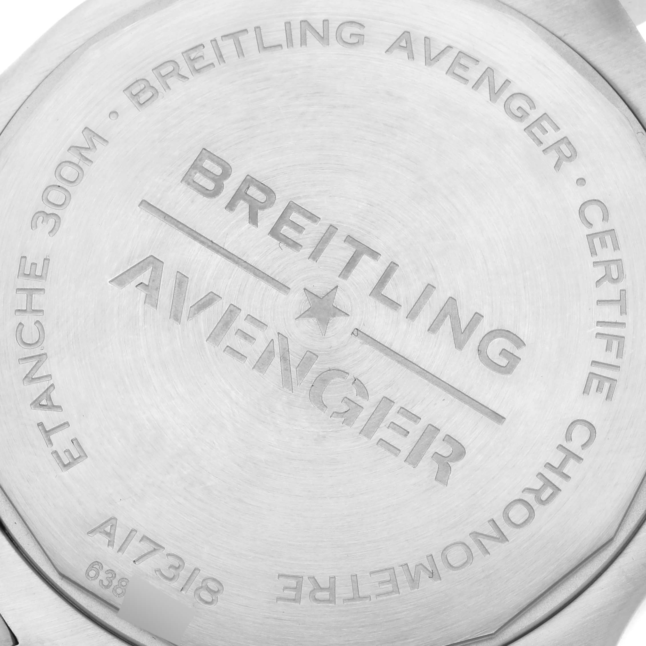 The image shows the engraved back case of a Breitling Avenger A17318101C1A1 Men's Stainless Steel Blue Dial A17318101C1A1 Men's Stainless Steel Blue Dial watch, displaying model details and water resistance markings.
