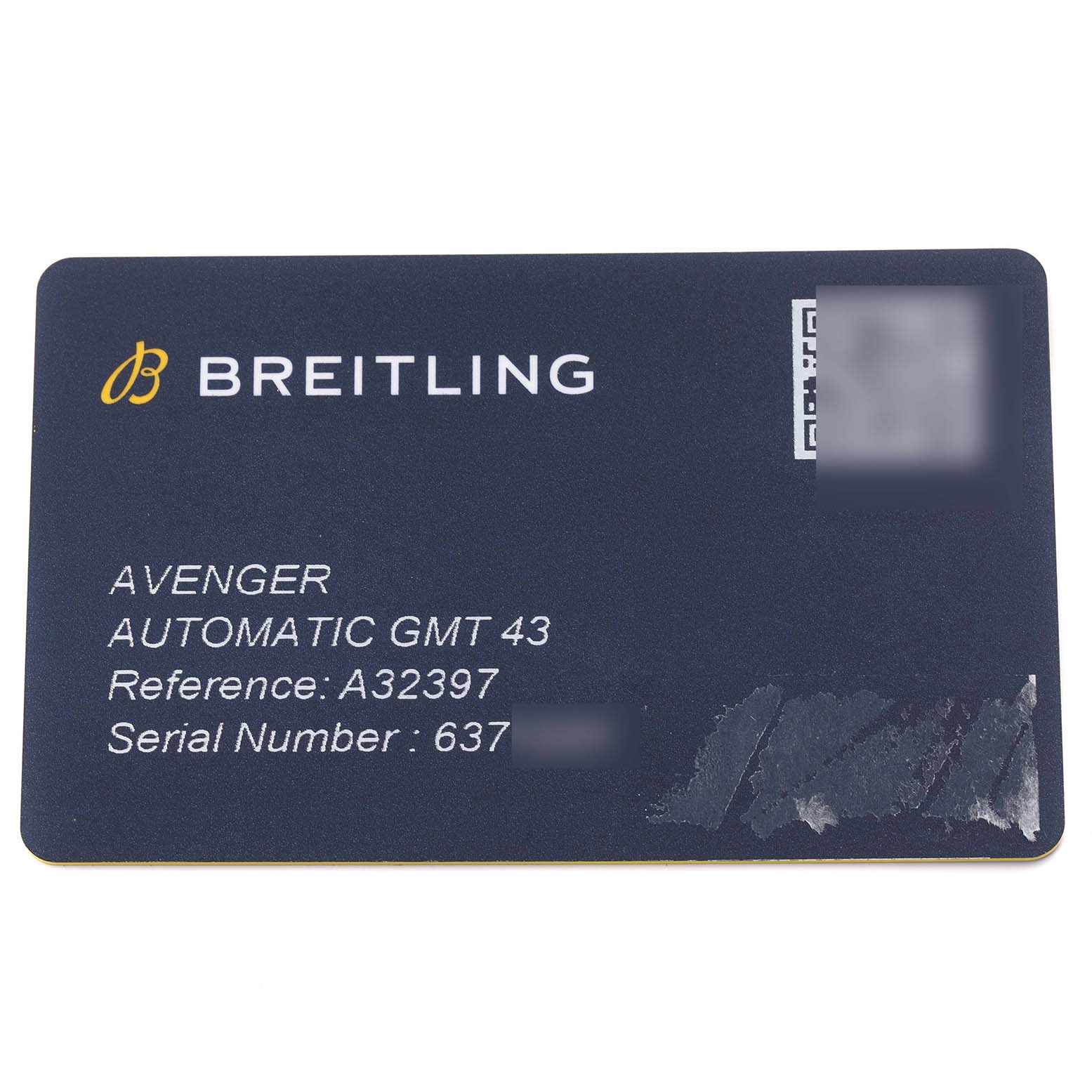 The image shows a Breitling Avenger A32397 Men's Stainless Steel White Dial A32397 Men's Stainless Steel White Dial watch identification card displaying the model, reference number, and serial number.