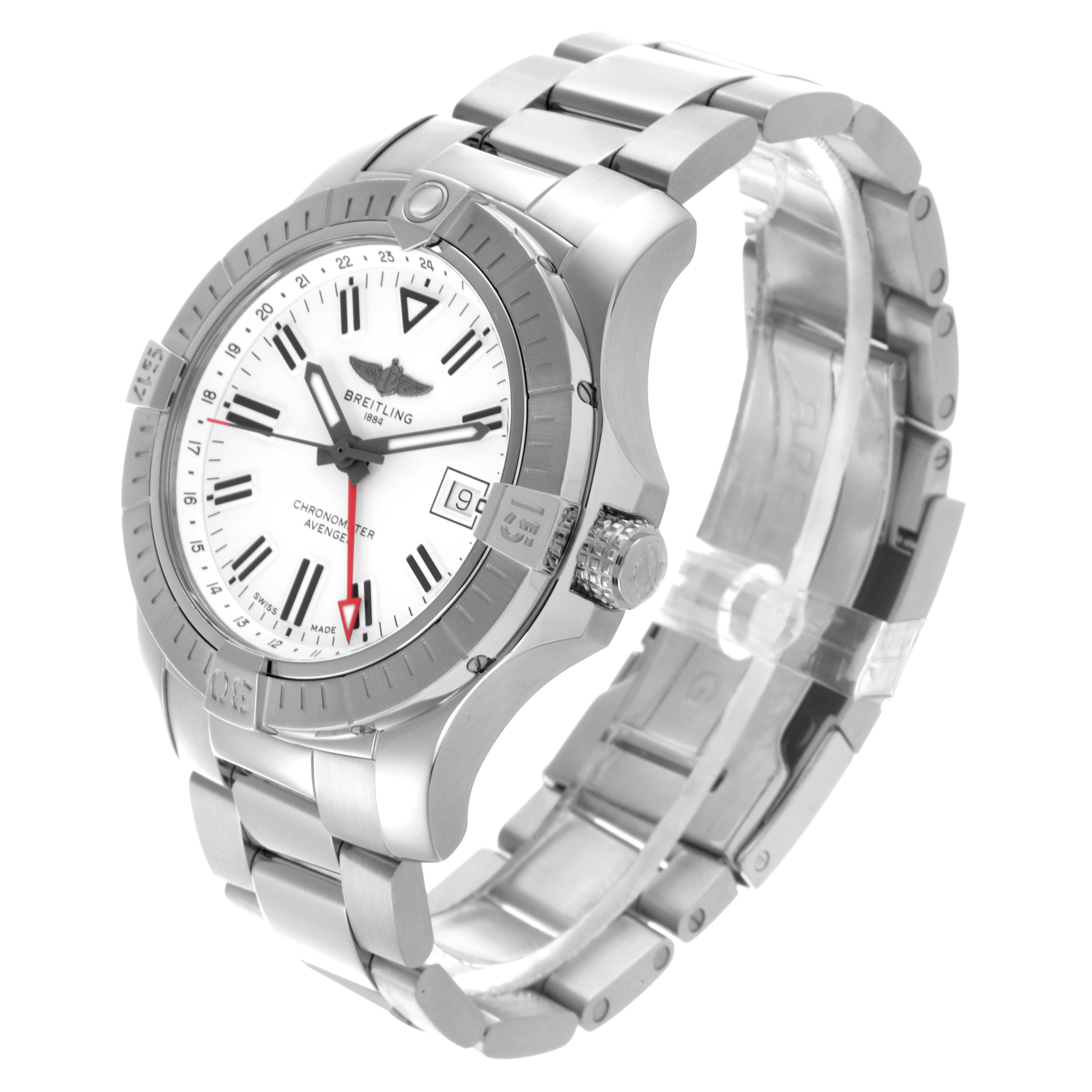 The Breitling Avenger A32397 Men's Stainless Steel White Dial A32397 Men's Stainless Steel White Dial watch is shown in a three-quarter angle, displaying the dial, bezel, crown, and metal bracelet.