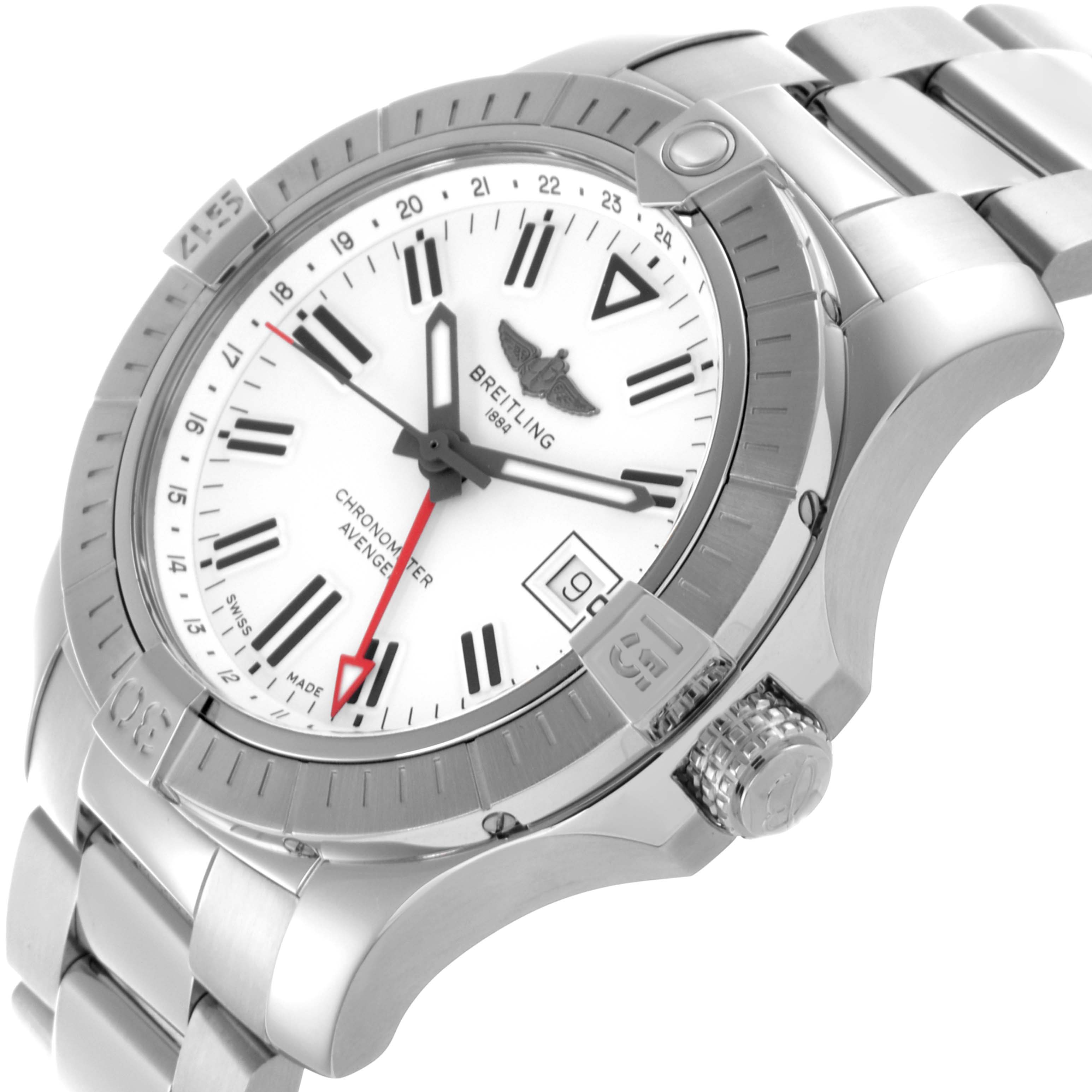 The Breitling Avenger A32397 Men's Stainless Steel White Dial A32397 Men's Stainless Steel White Dial watch is shown at an angled view, displaying its face, bezel, crown, and metal bracelet.