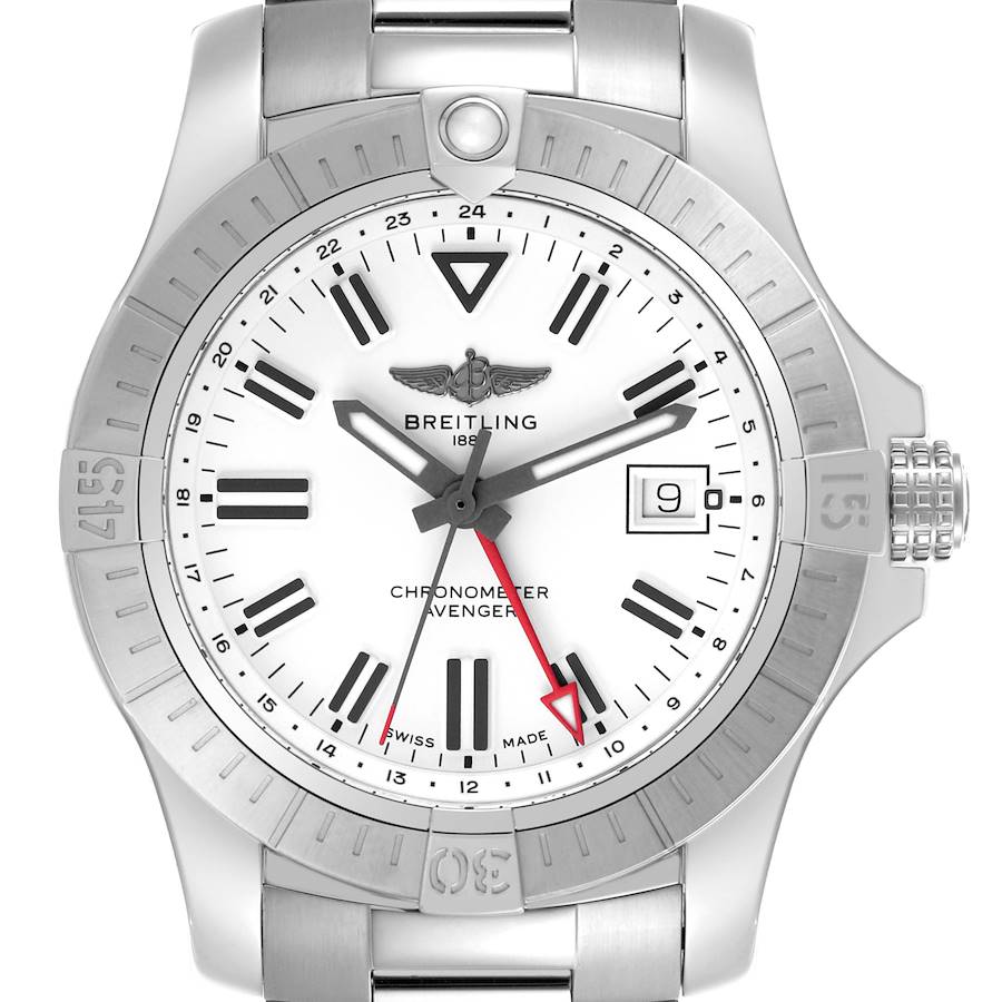 The Breitling Avenger watch is shown from a frontal angle, displaying the face, bezel, and part of the bracelet.