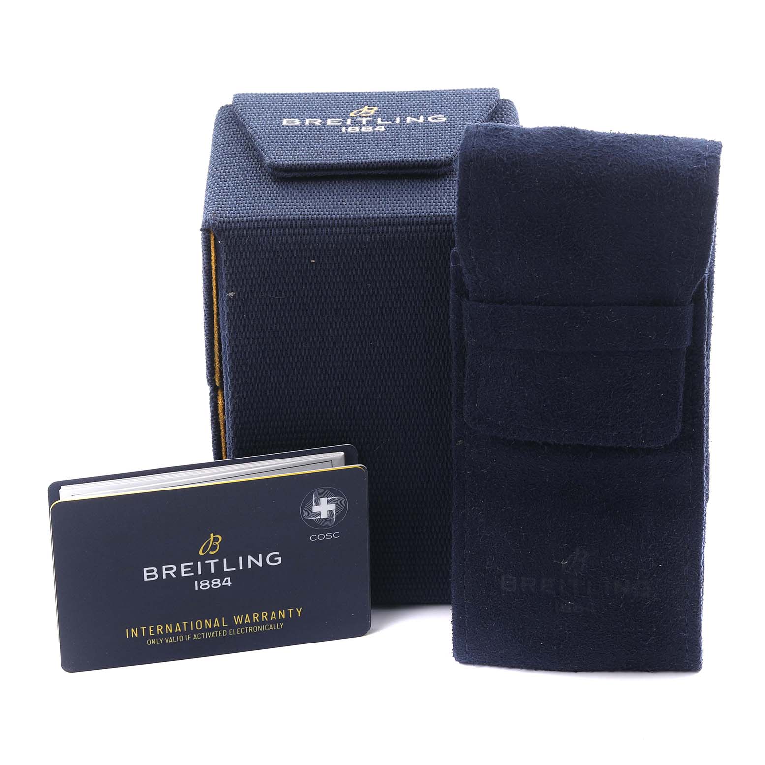 The image shows packaging and an international warranty card for the Breitling Avenger A32397 Men's Stainless Steel White Dial A32397 Men's Stainless Steel White Dial watch.