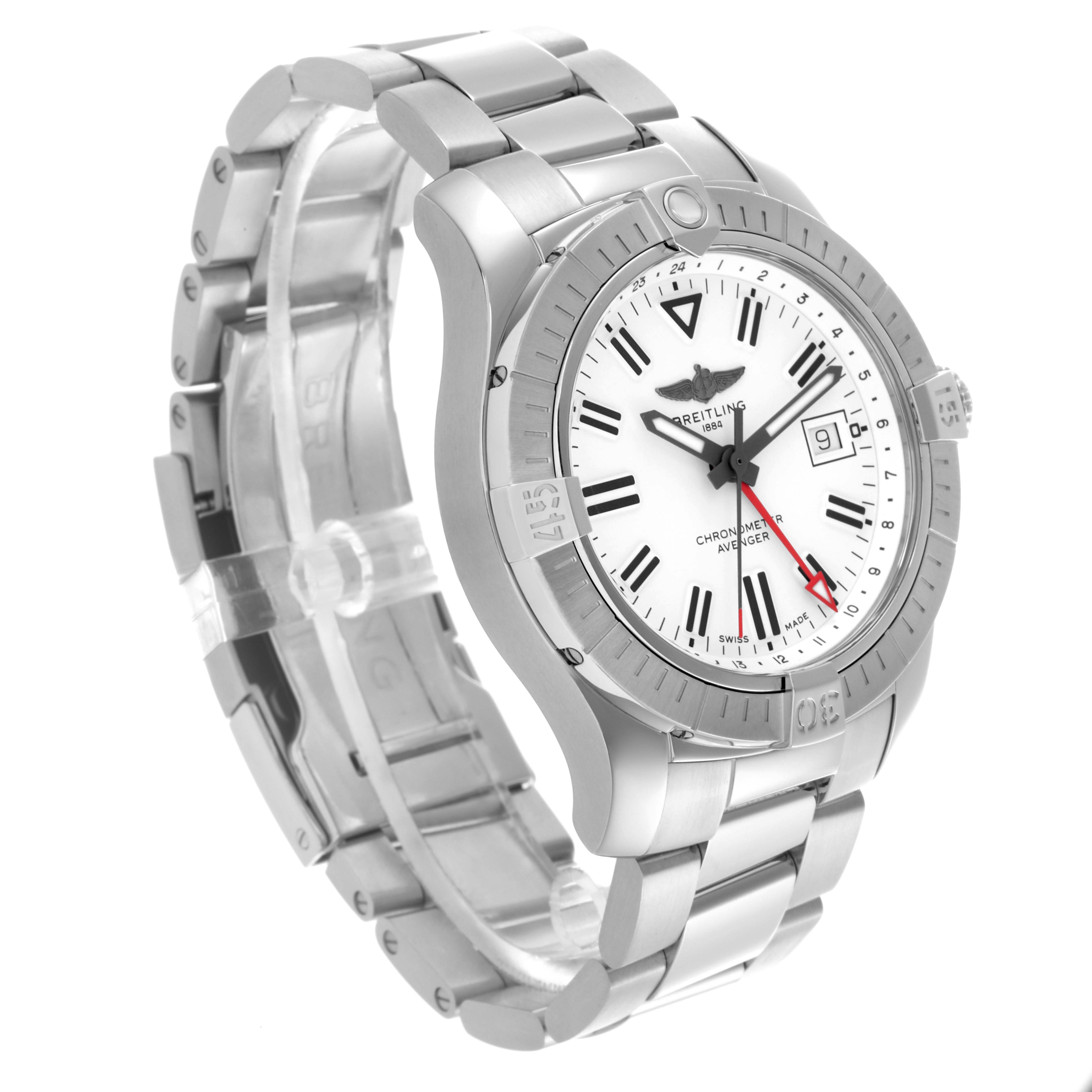 The Breitling Avenger A32397 Men's Stainless Steel White Dial A32397 Men's Stainless Steel White Dial watch is shown at a three-quarter angle, featuring the bracelet, bezel, dial, and crown.