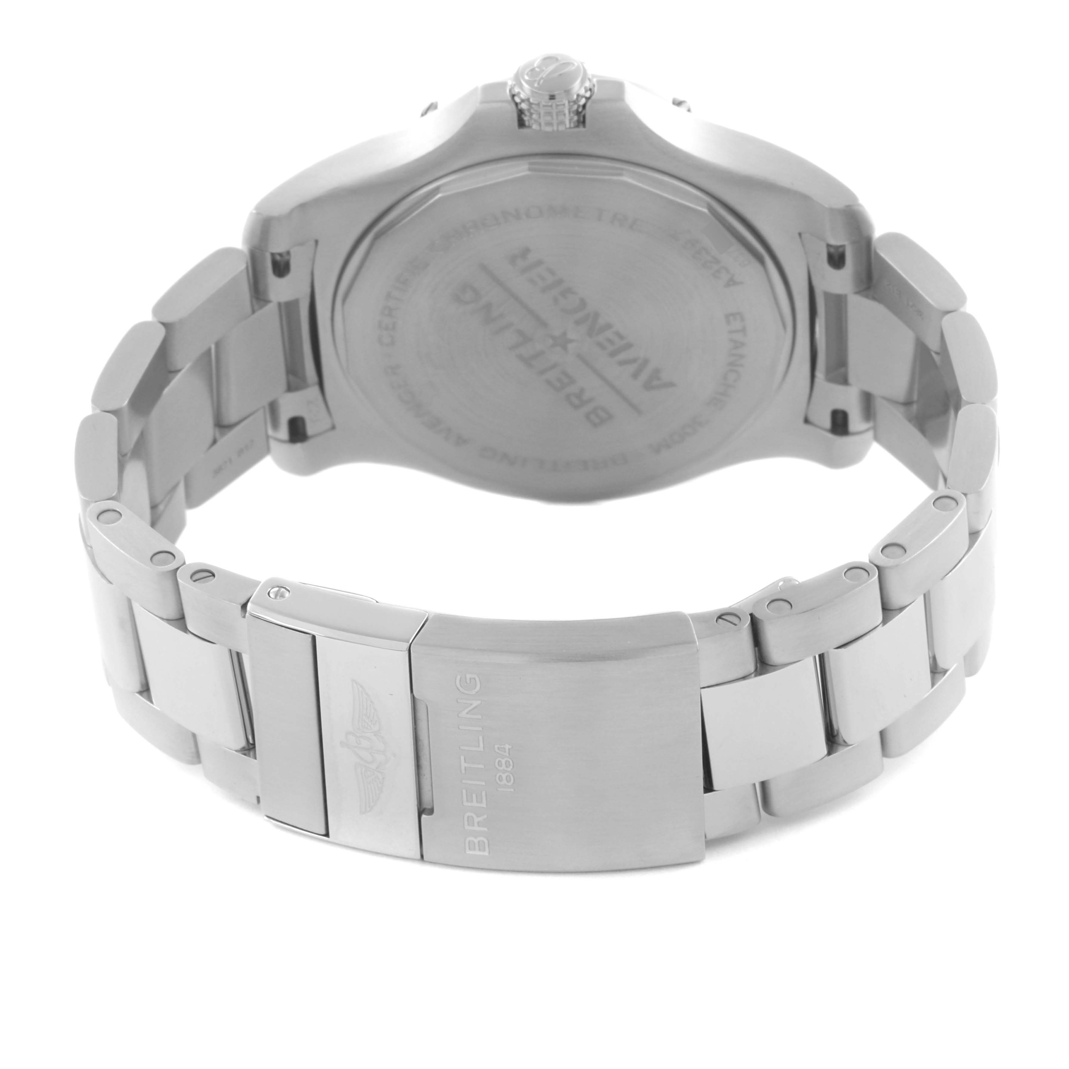 The image shows the back view of a Breitling Avenger A32397 Men's Stainless Steel White Dial A32397 Men's Stainless Steel White Dial watch, focusing on the case back and metal bracelet with the clasp.