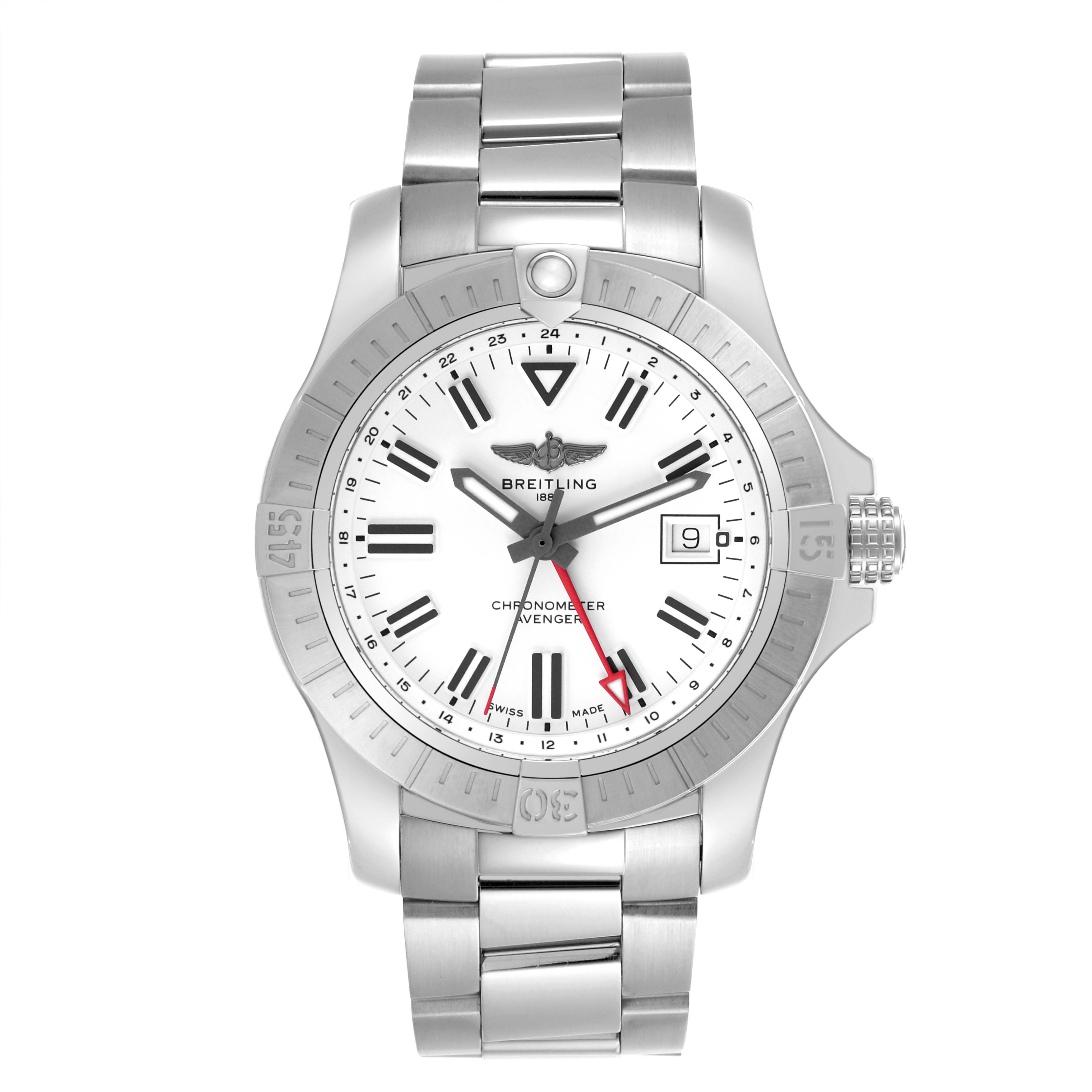 The Breitling Avenger A32397 Men's Stainless Steel White Dial A32397 Men's Stainless Steel White Dial watch is shown from a front view, highlighting its face, bezel, crown, and metal bracelet.