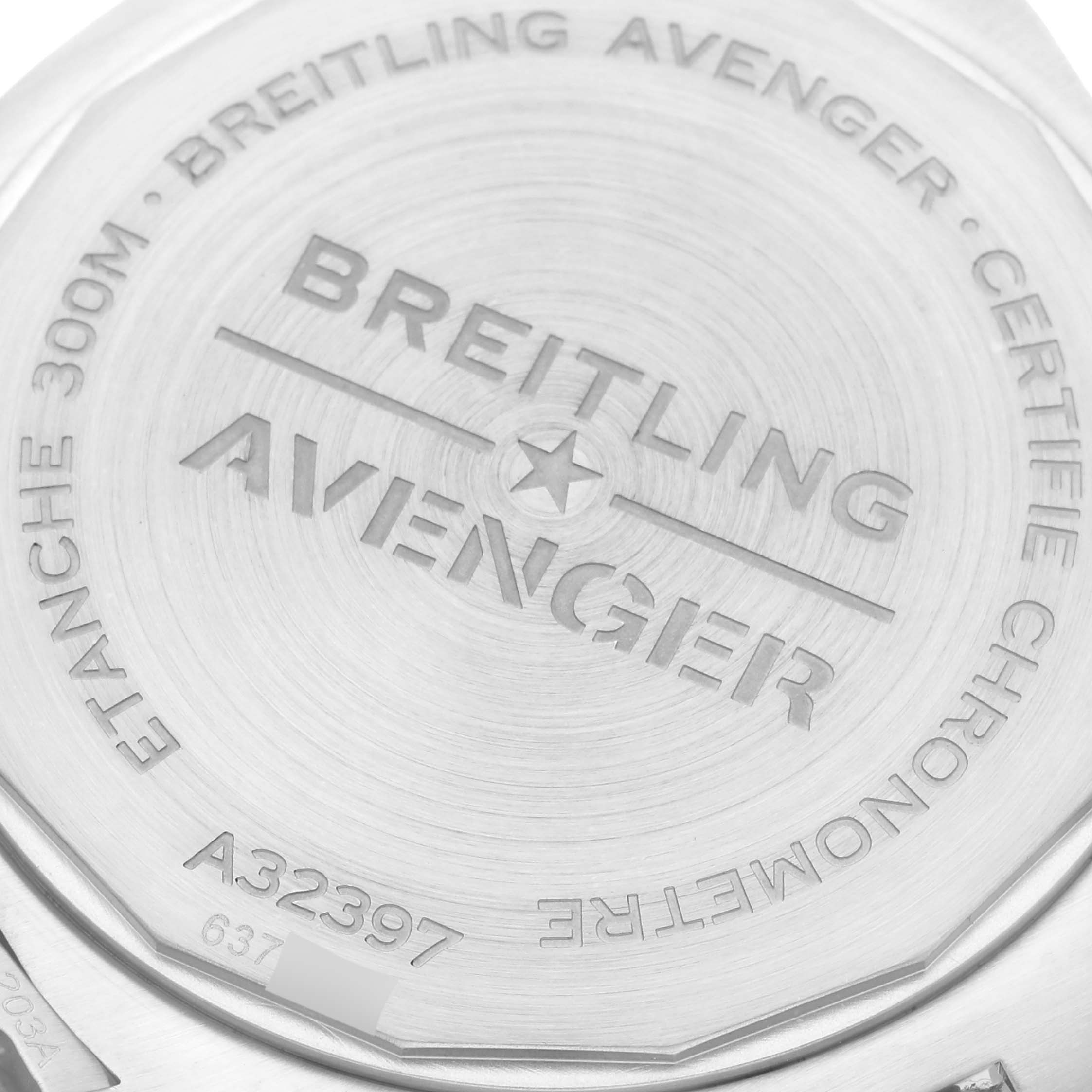 The image shows the case back of a Breitling Avenger A32397 Men's Stainless Steel White Dial A32397 Men's Stainless Steel White Dial watch, highlighting engraved branding and model details.