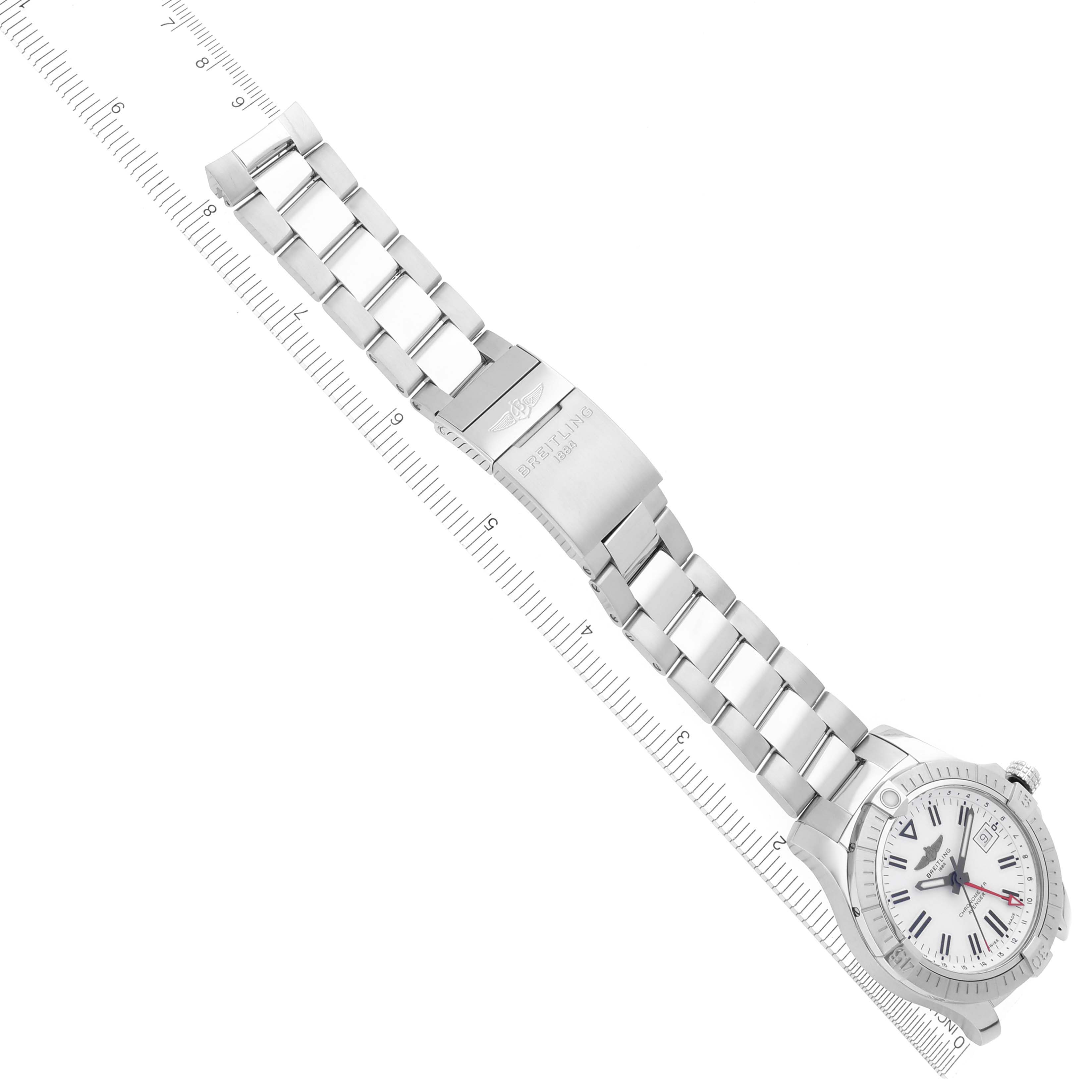 The Breitling Avenger A32397 Men's Stainless Steel White Dial A32397 Men's Stainless Steel White Dial watch is shown from an angled side view, displaying the watch face, bracelet, and clasp.