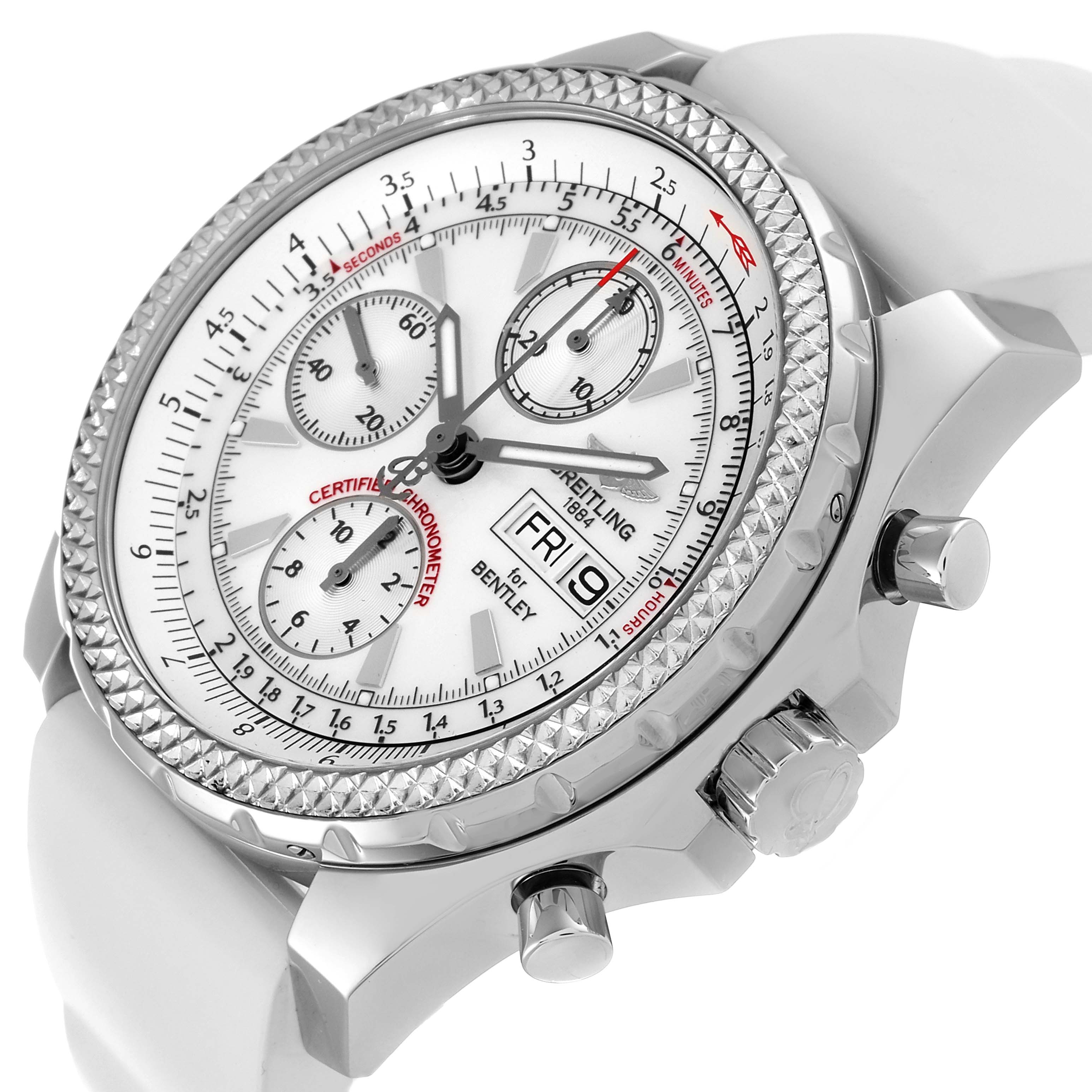 This image shows a close-up, angled view of the Breitling Bentley A13362 Men's Stainless Steel White Dial A13362 Men's Stainless Steel White Dial watch, highlighting the dial, bezel, and crown.