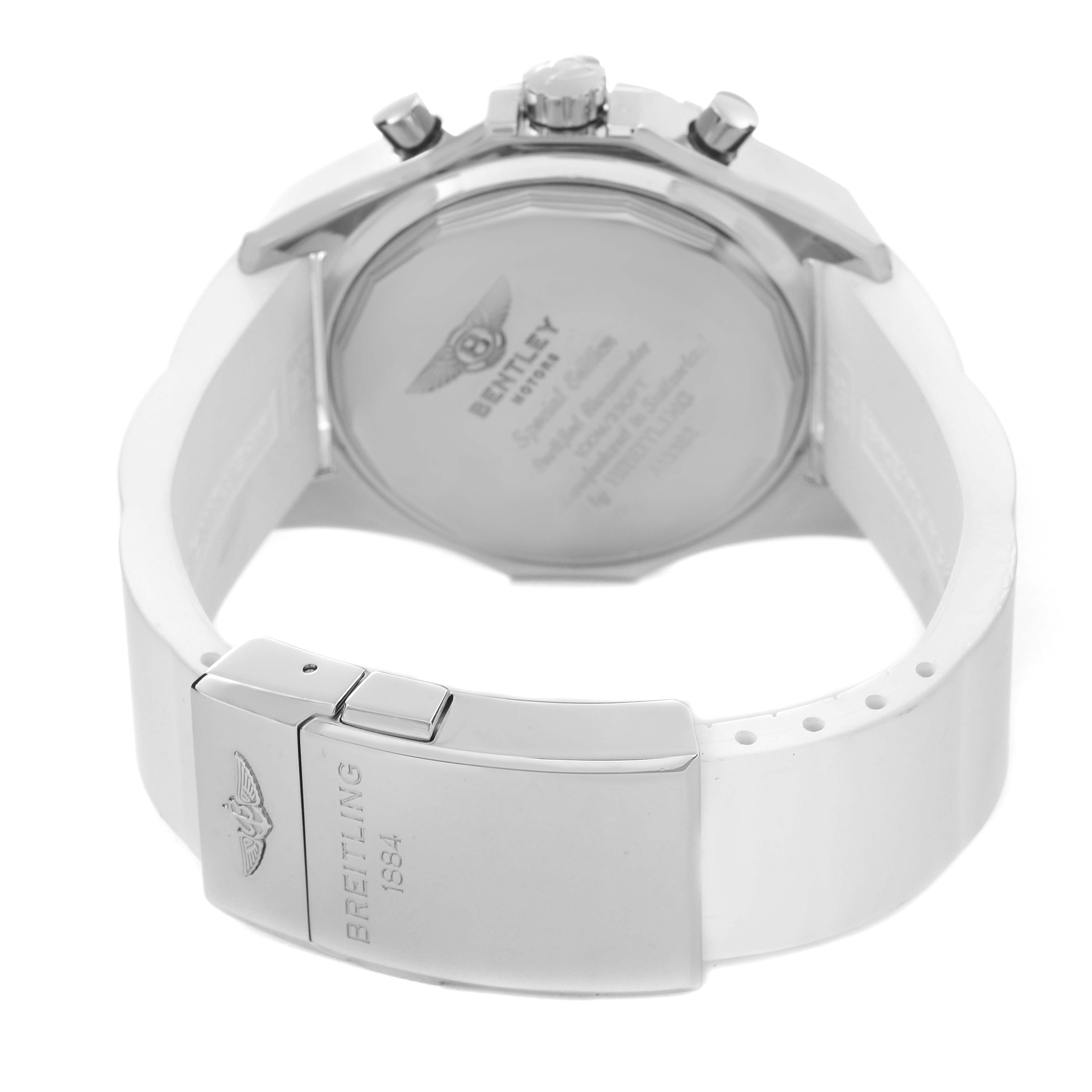 The image shows the back view of the watch case and strap, focusing on the clasp of the Breitling Bentley A13362 Men's Stainless Steel White Dial A13362 Men's Stainless Steel White Dial model watch.