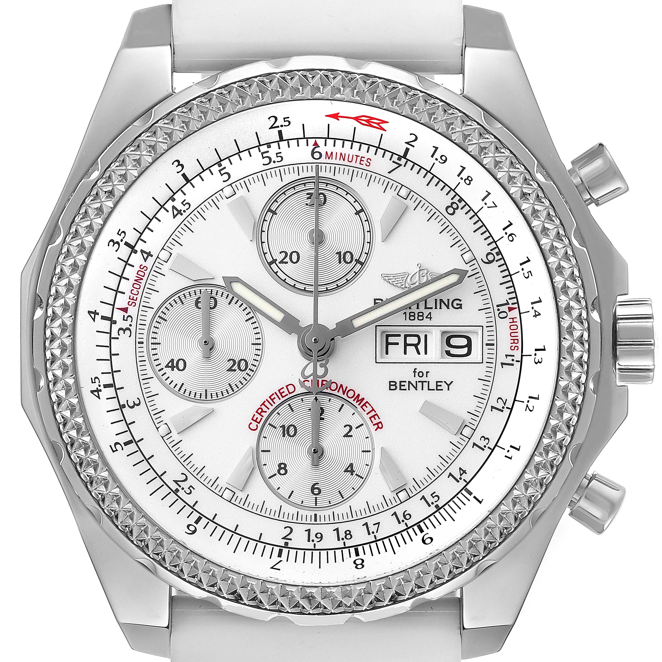 The image shows a frontal view of the Breitling Bentley A13362 Men's Stainless Steel White Dial A13362 Men's Stainless Steel White Dial watch with its face, bezel, and side buttons.