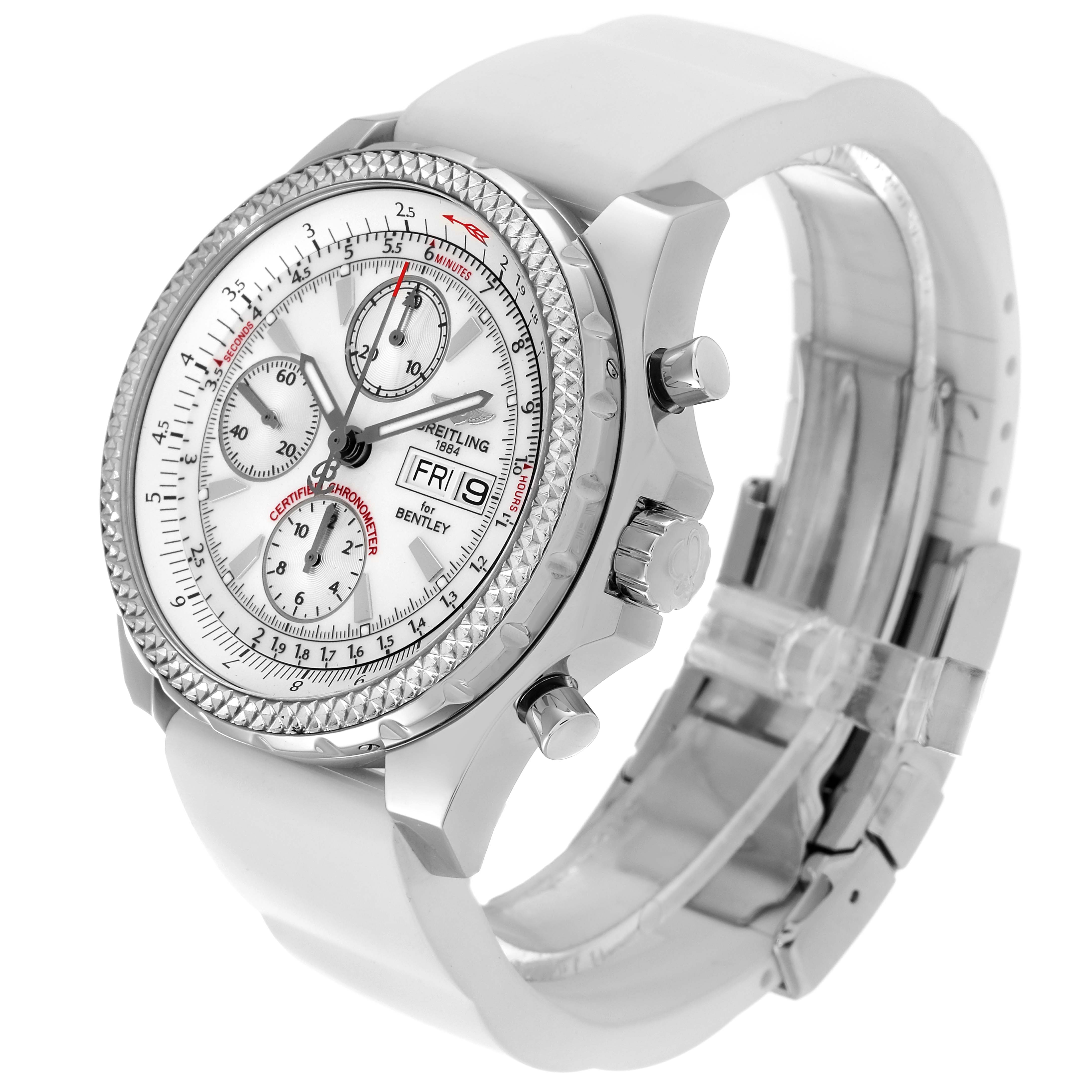 The Breitling Bentley A13362 Men's Stainless Steel White Dial A13362 Men's Stainless Steel White Dial watch is shown at a three-quarter angle, highlighting the face, bezel, and part of the strap.