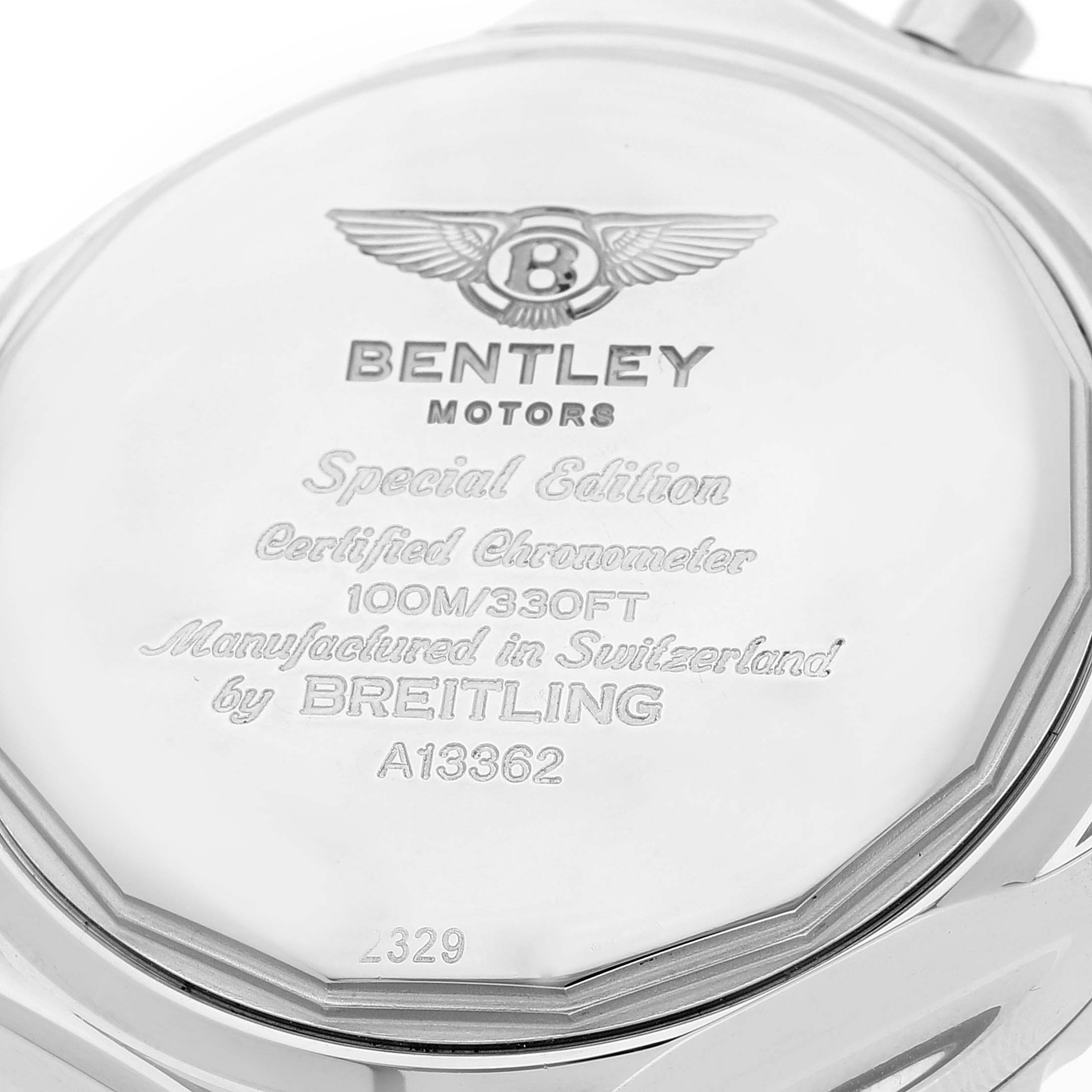 The image shows the back case of a Bentley model by Breitling, highlighting its engravings and specifications.