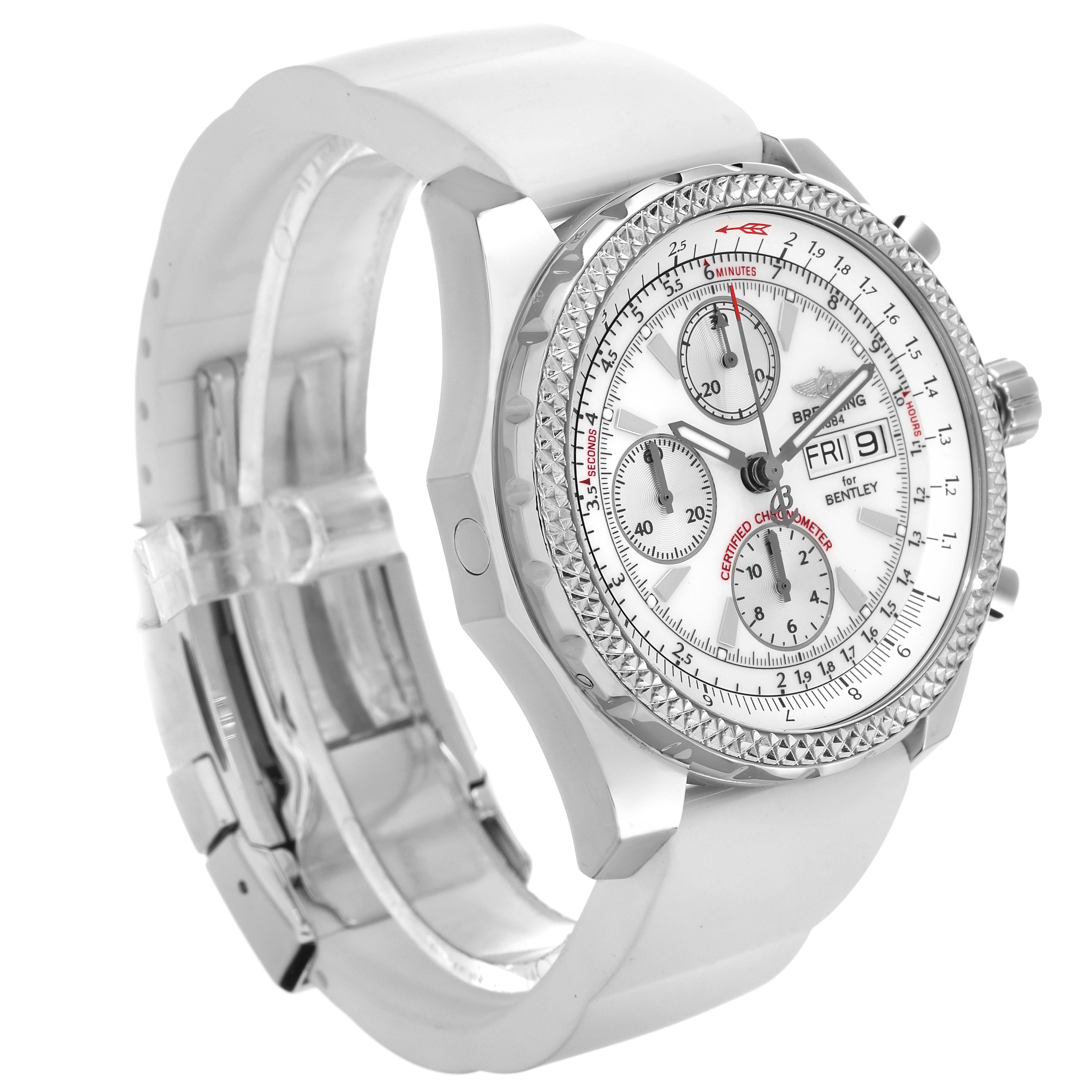 The image shows a side angle of the Breitling Bentley A13362 Men's Stainless Steel White Dial A13362 Men's Stainless Steel White Dial watch, showcasing its face, bezel, chronograph dials, and part of the strap and clasp.