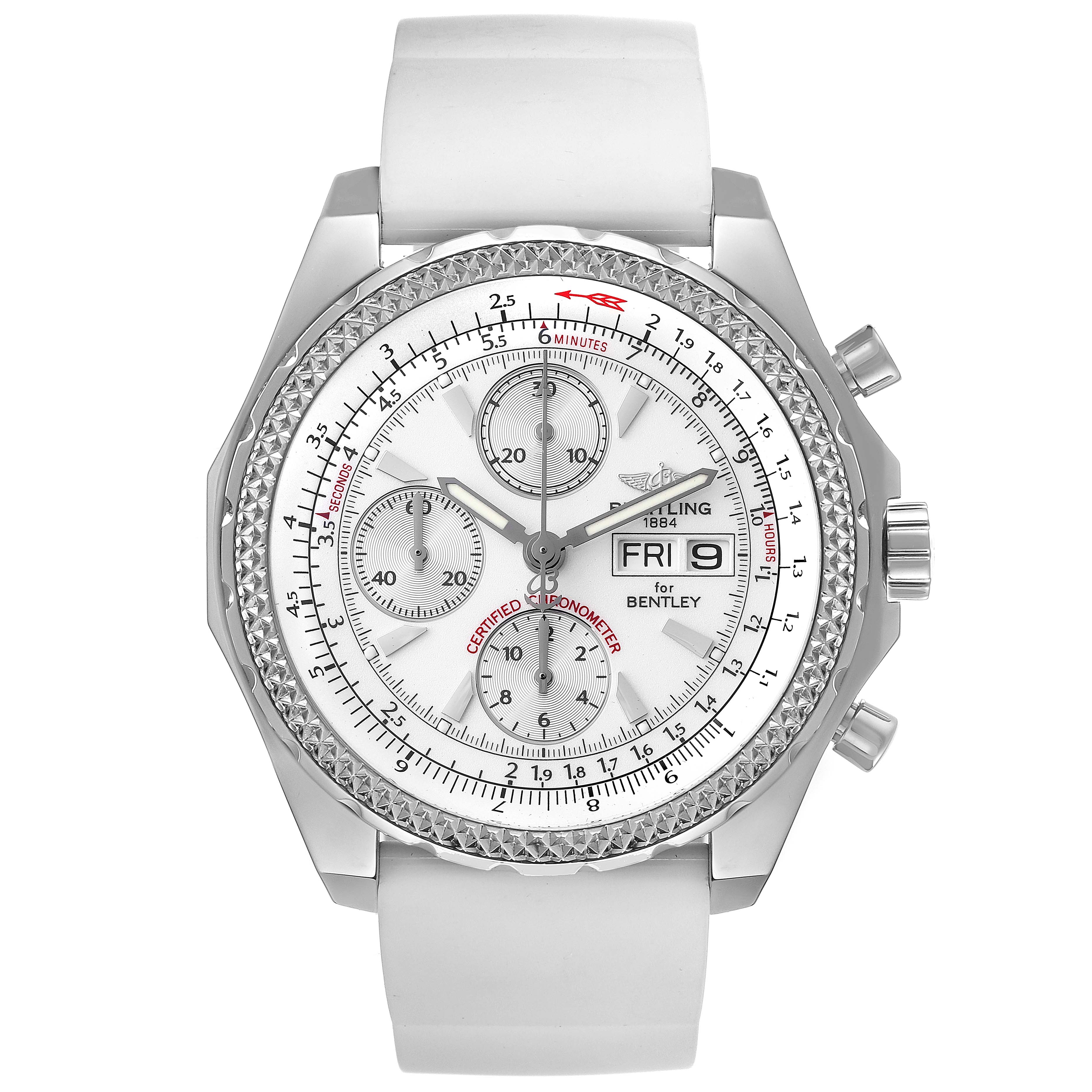 The image shows a front view of a Breitling Bentley A13362 Men's Stainless Steel White Dial A13362 Men's Stainless Steel White Dial model watch, displaying the face, bezel, and pushers.
