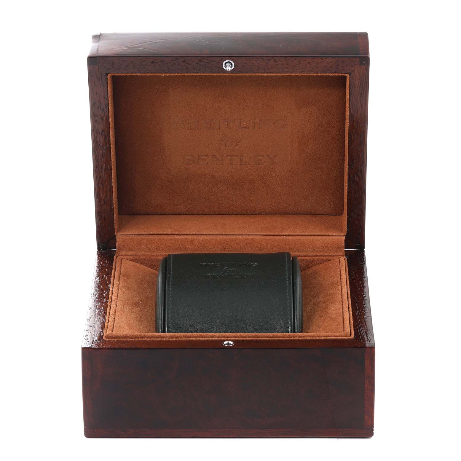 The image shows an open wooden box with a Bentley model by Breitling watch cushion inside, viewed from the front.