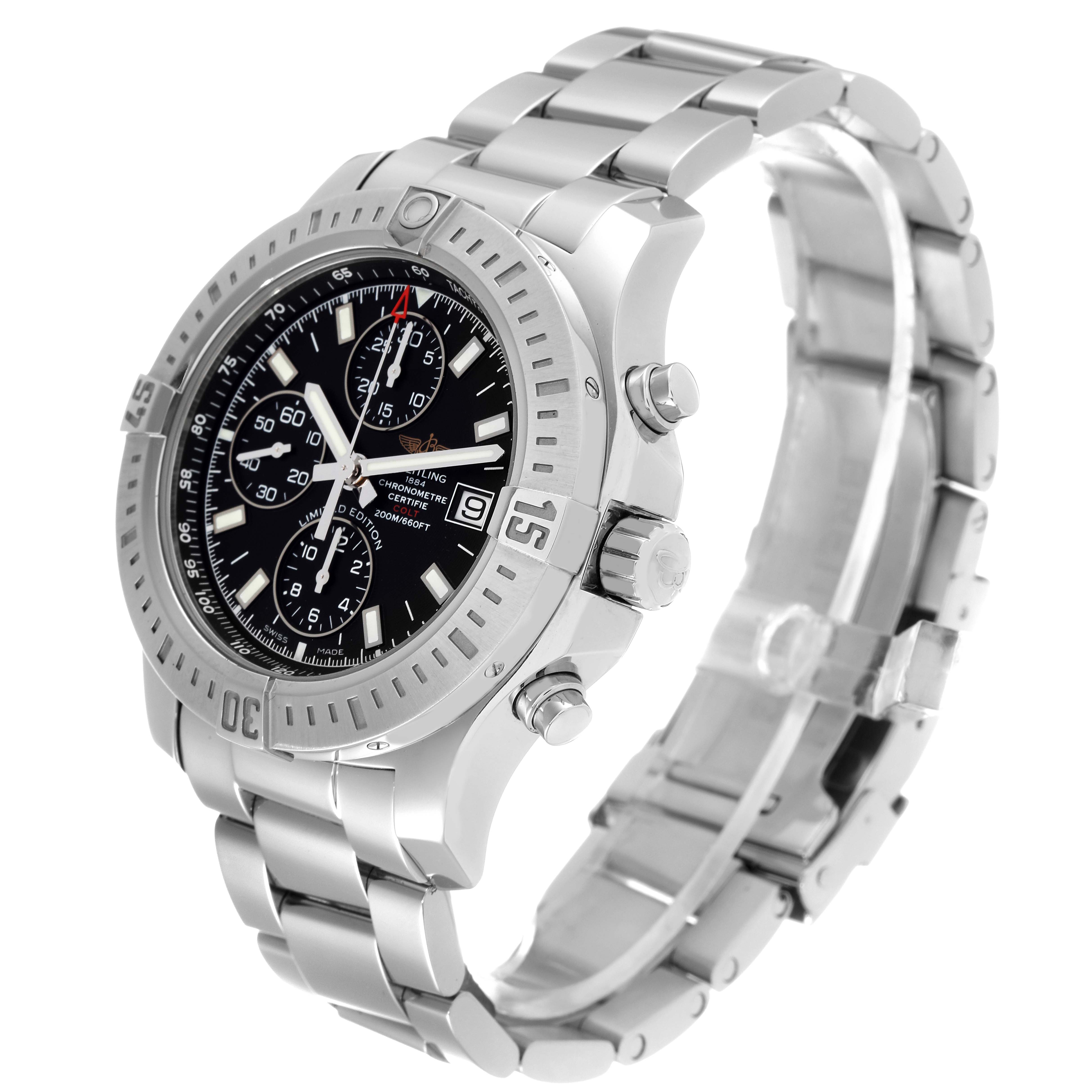 The image shows a side angle of a Breitling Limited Series watch, highlighting the bezel, crown, pushers, and stainless steel bracelet.