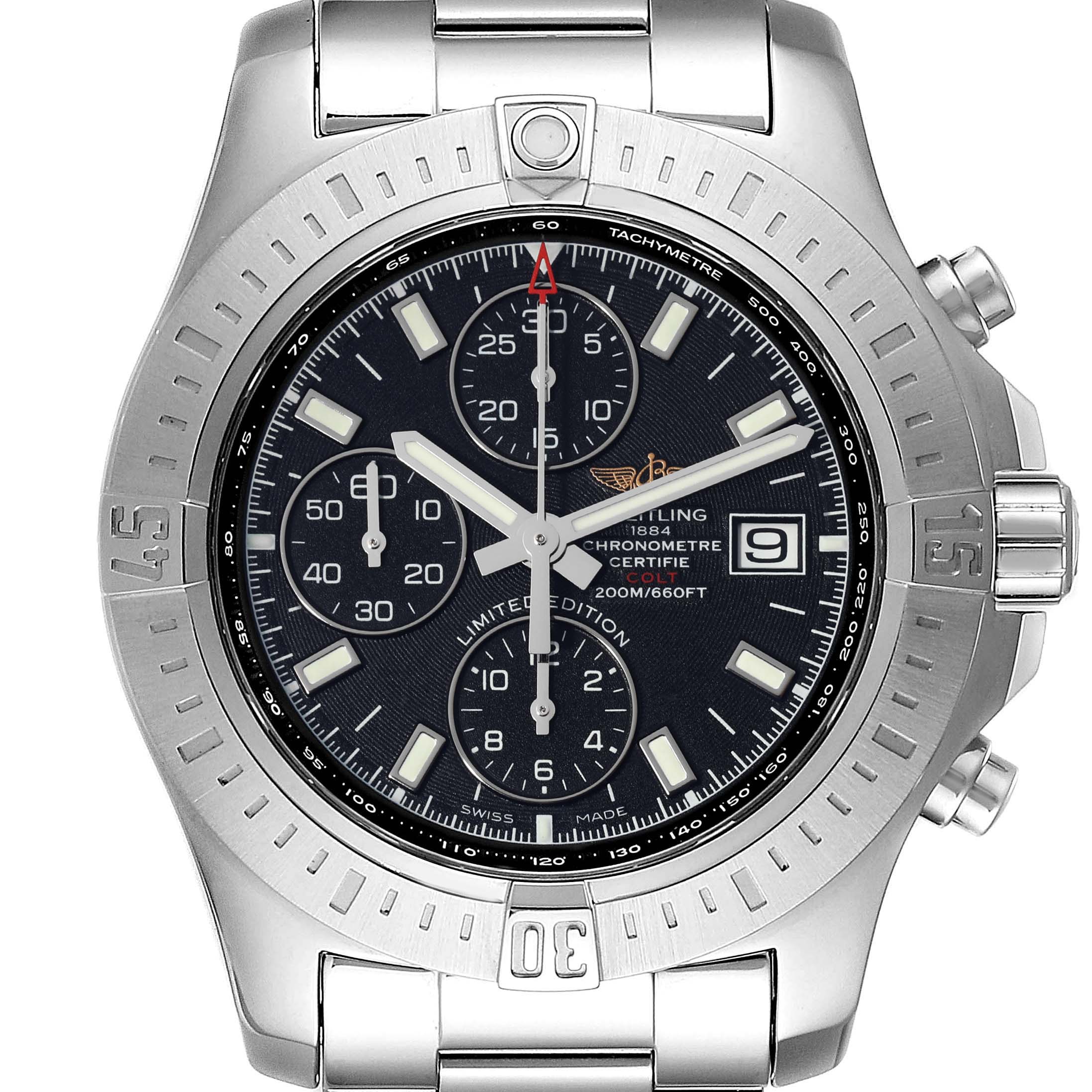 This image shows a frontal view of the Breitling Colt A133884Y/BE68 Men's Stainless Steel Black Dial A133884Y/BE68 Men's Stainless Steel Black Dial watch, detailing its dial, bezel, and chronograph subdials.