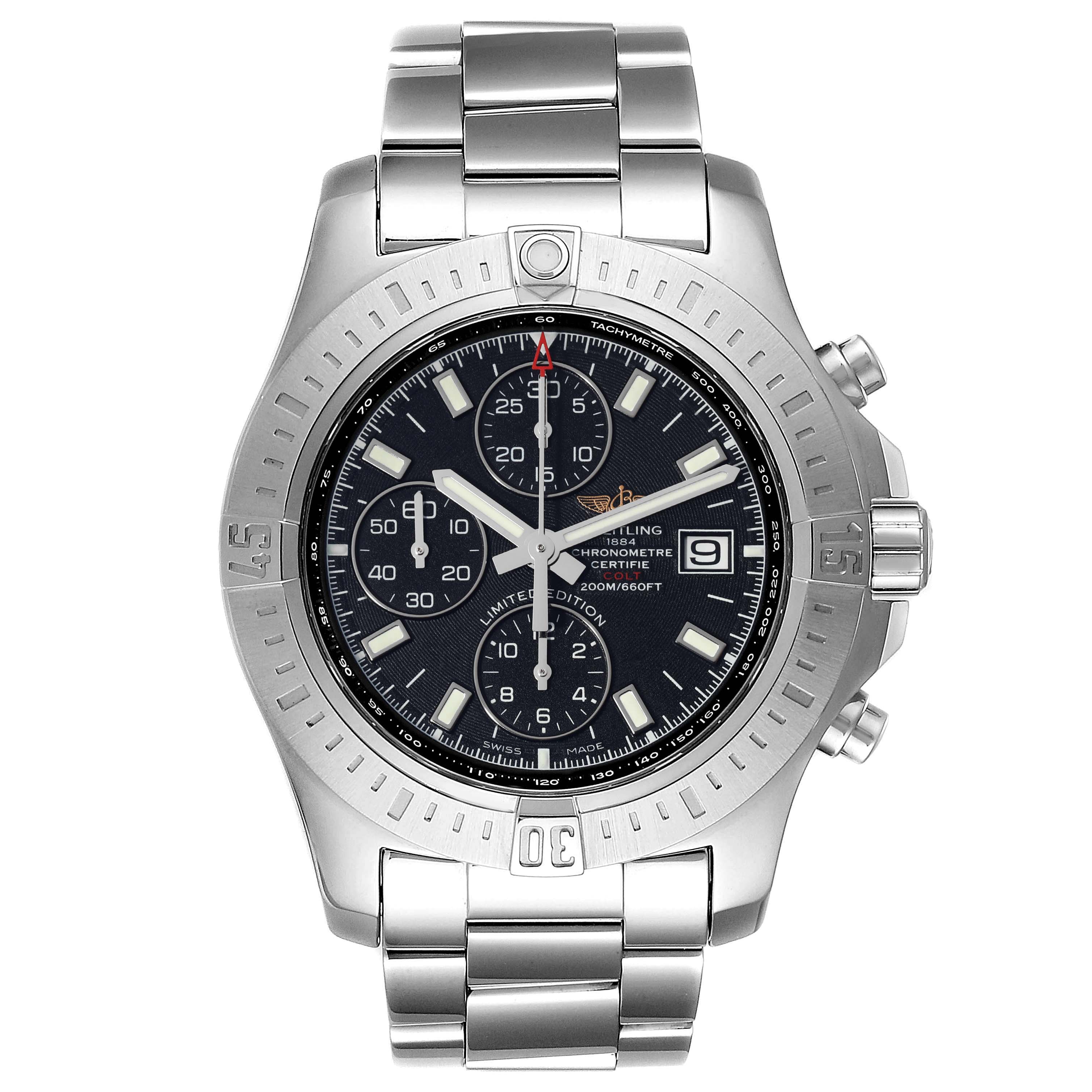 This image shows a front-facing view of a Breitling Limited Series watch, highlighting the dial, bezel, and stainless steel bracelet.