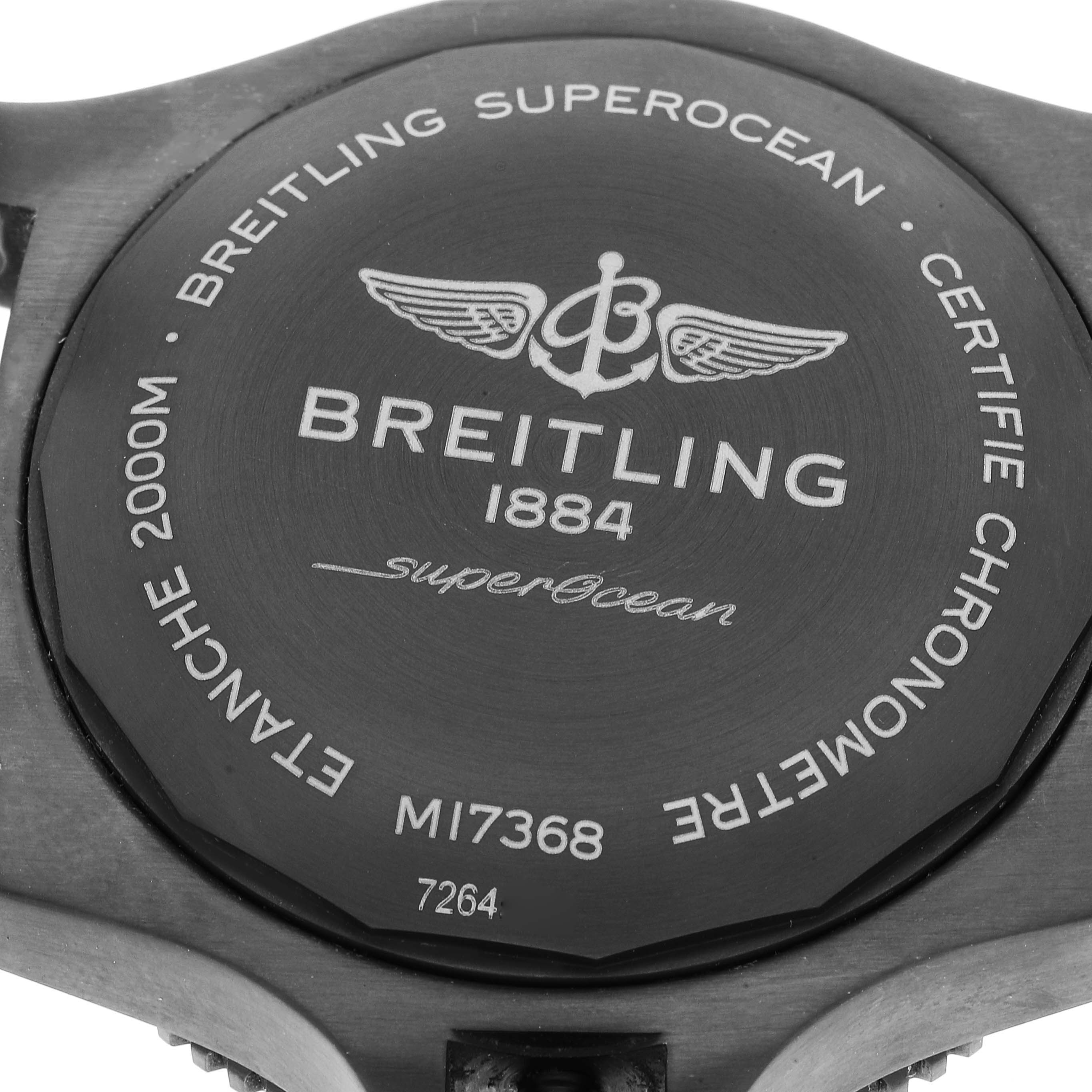 This image shows the back of a Breitling Superocean M17368 Men's Stainless Steel Black Dial M17368 Men's Stainless Steel Black Dial watch, highlighting the caseback details and engravings.