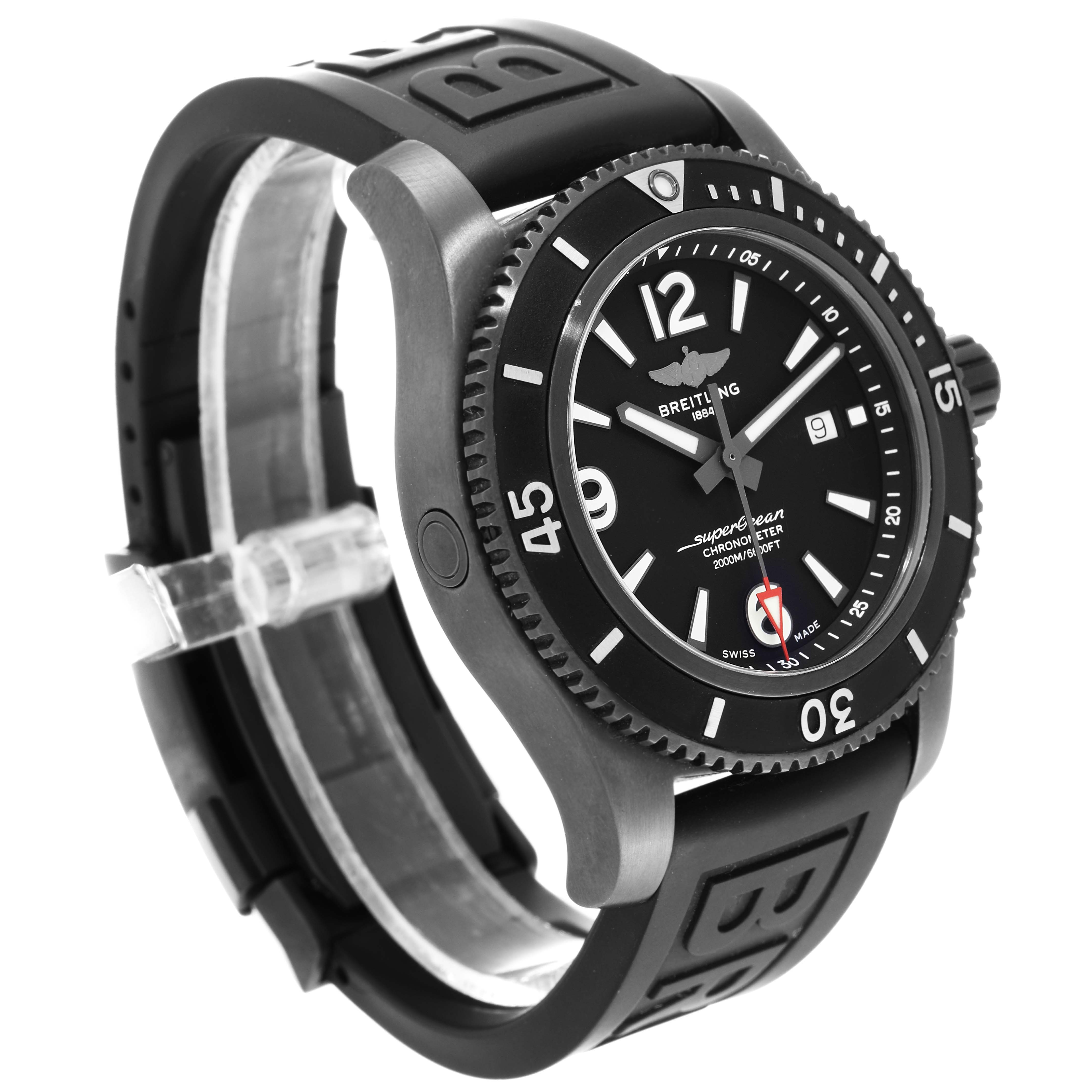 The image shows a Breitling Superocean M17368 Men's Stainless Steel Black Dial M17368 Men's Stainless Steel Black Dial watch at an angle, revealing its black dial, bezel, and rubber strap.
