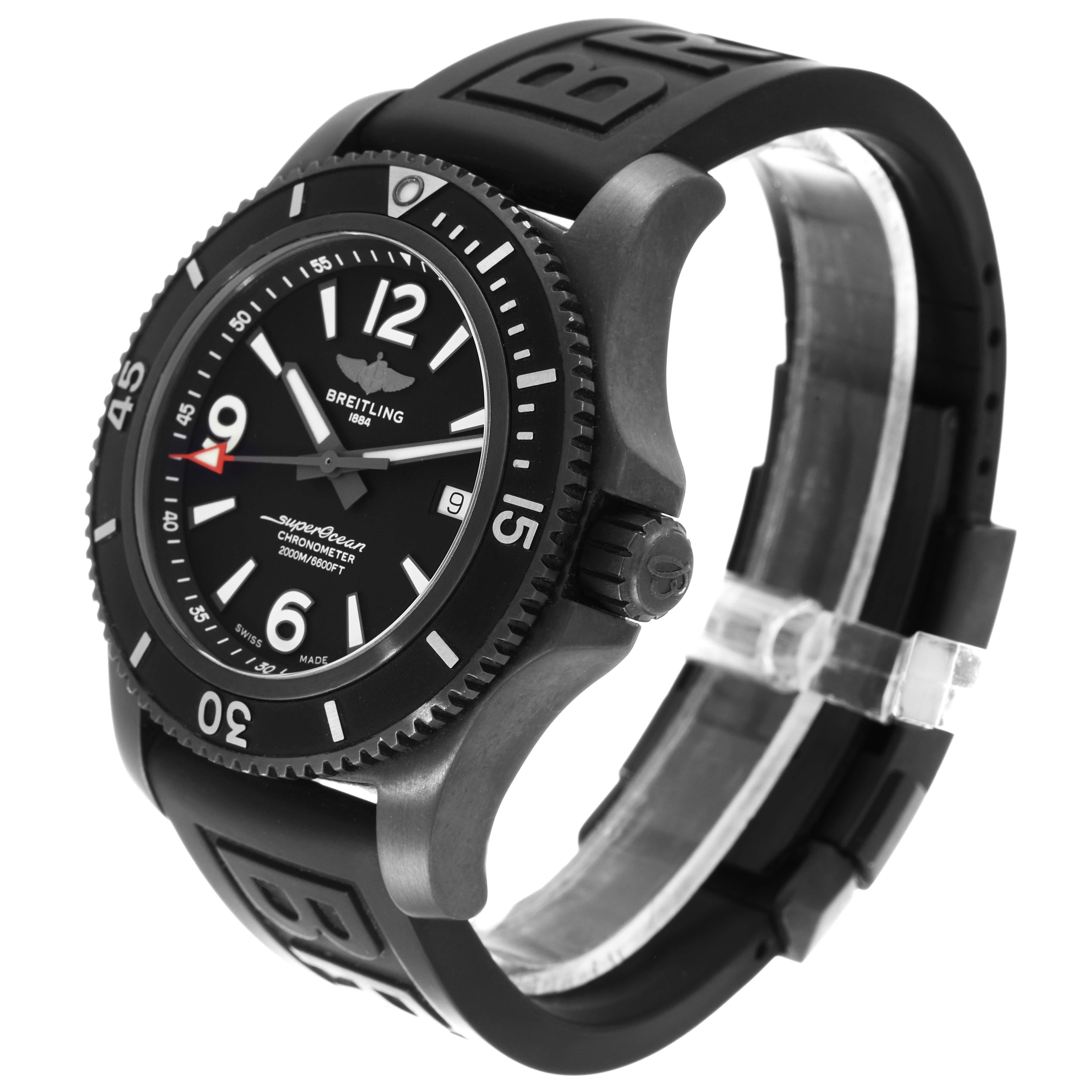 The Breitling Superocean M17368 Men's Stainless Steel Black Dial M17368 Men's Stainless Steel Black Dial watch is shown at a three-quarter angle, displaying the face, bezel, and rubber strap.