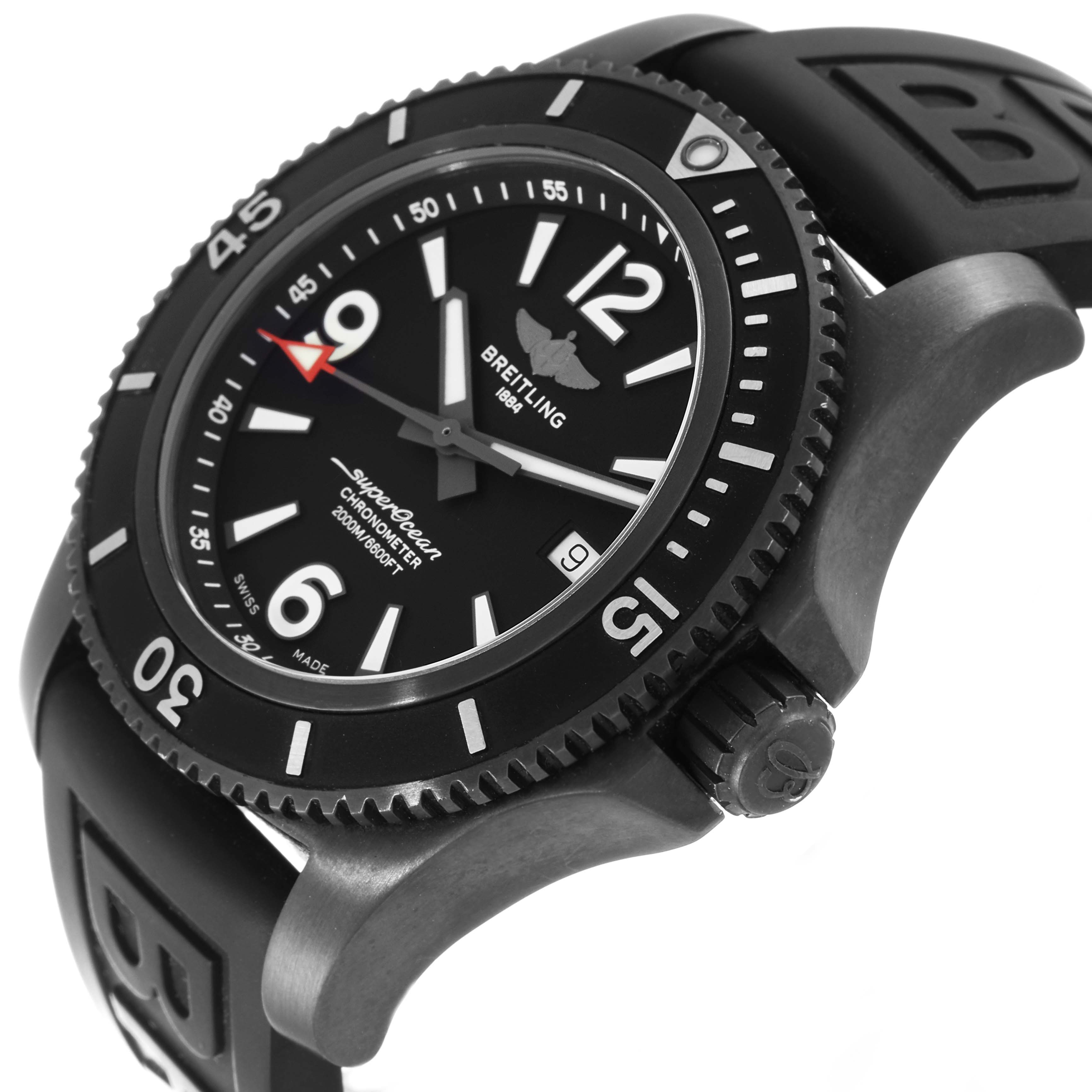 The image shows a Breitling Superocean M17368 Men's Stainless Steel Black Dial M17368 Men's Stainless Steel Black Dial watch face, bezel, crown, and part of the strap from an angled side view.