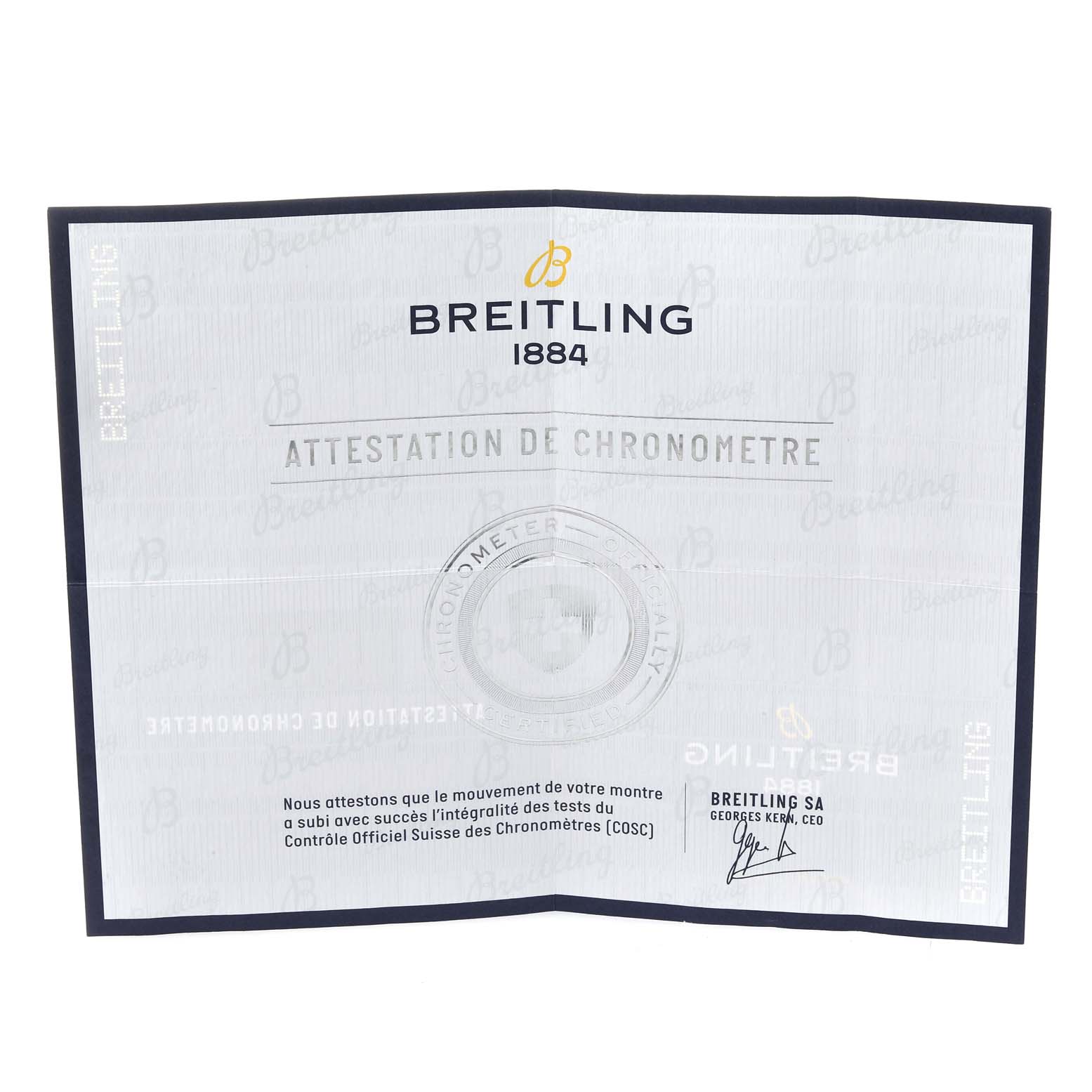 The image shows a Breitling Superocean M17368 Men's Stainless Steel Black Dial M17368 Men's Stainless Steel Black Dial Certificate of Authenticity and Chronometer Certification.