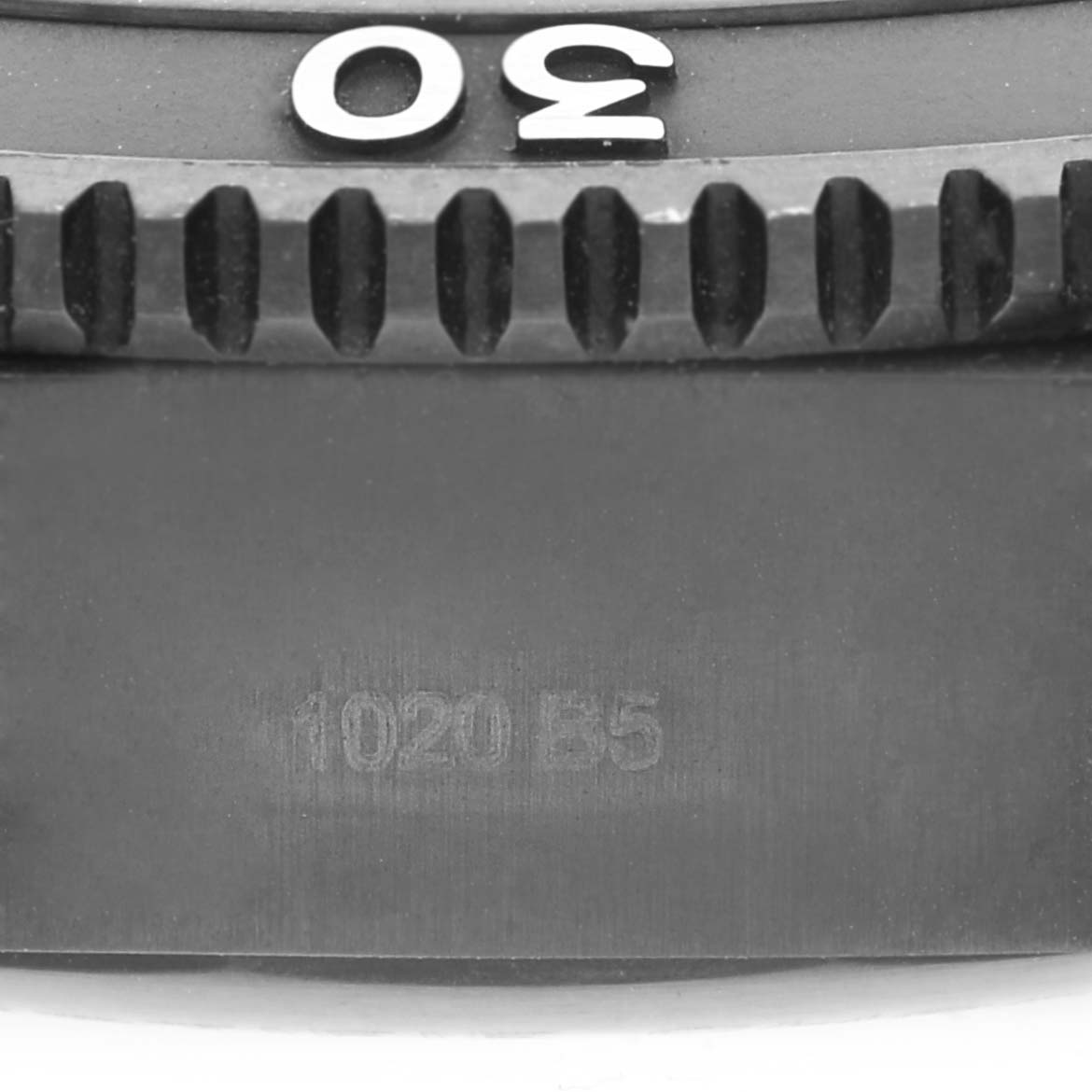 The close-up angle shows the bezel and part of the case with a serial number of a Breitling Superocean M17368 Men's Stainless Steel Black Dial M17368 Men's Stainless Steel Black Dial watch.