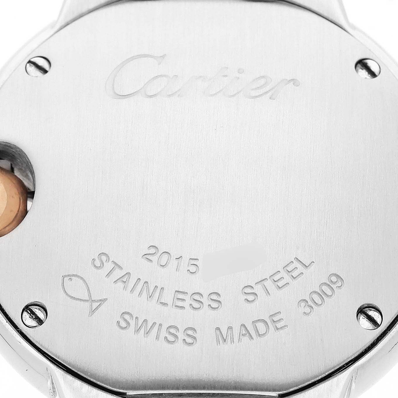 The image shows the back case of a Cartier Ballon Bleu W6920034 Women's Stainless Steel Mother of Pearl Dial watch, highlighting its stainless steel marking and screws.