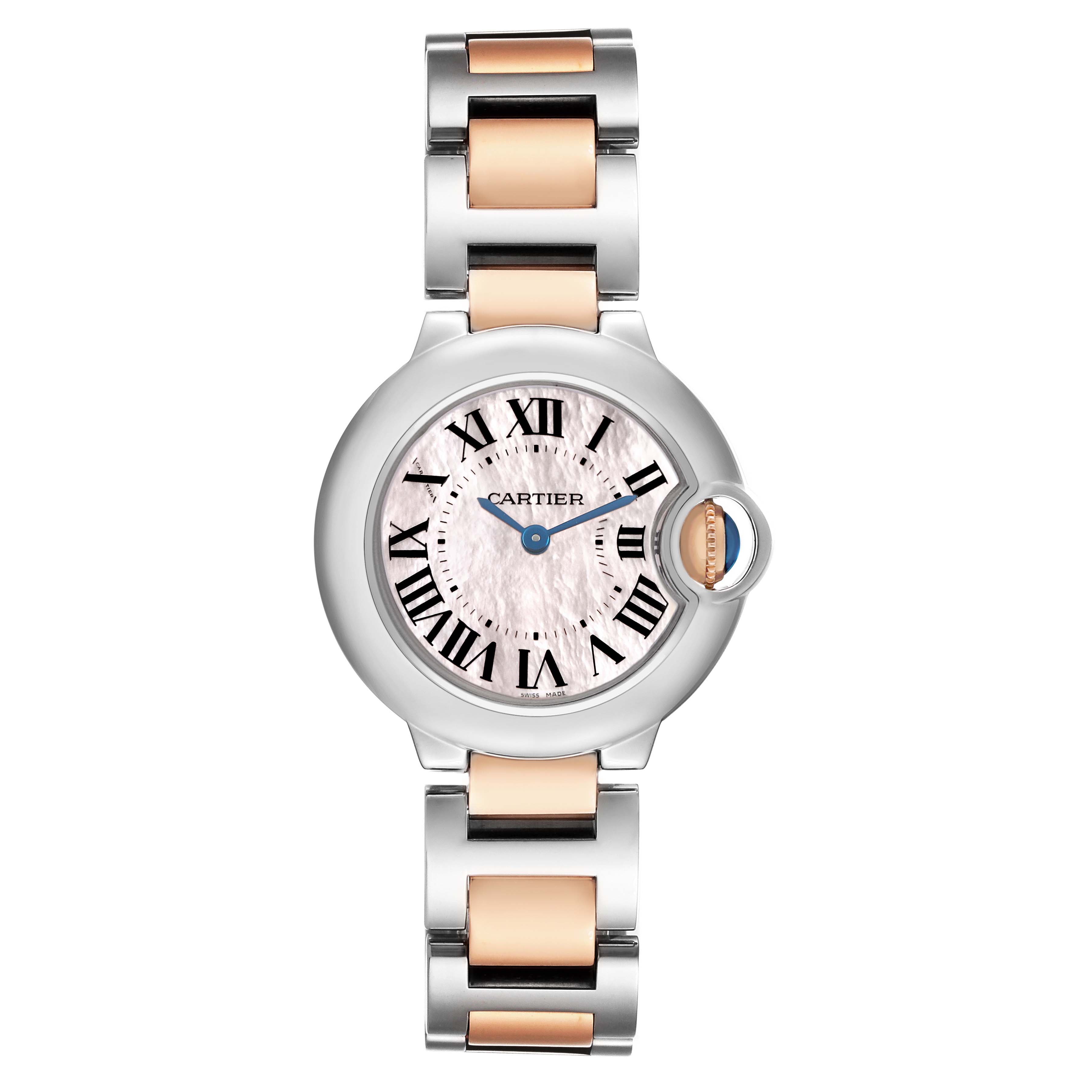 The Cartier Ballon Bleu W6920034 Women's Stainless Steel Mother of Pearl Dial watch is shown from a top-down angle, displaying its round face, Roman numerals, and metal bracelet.