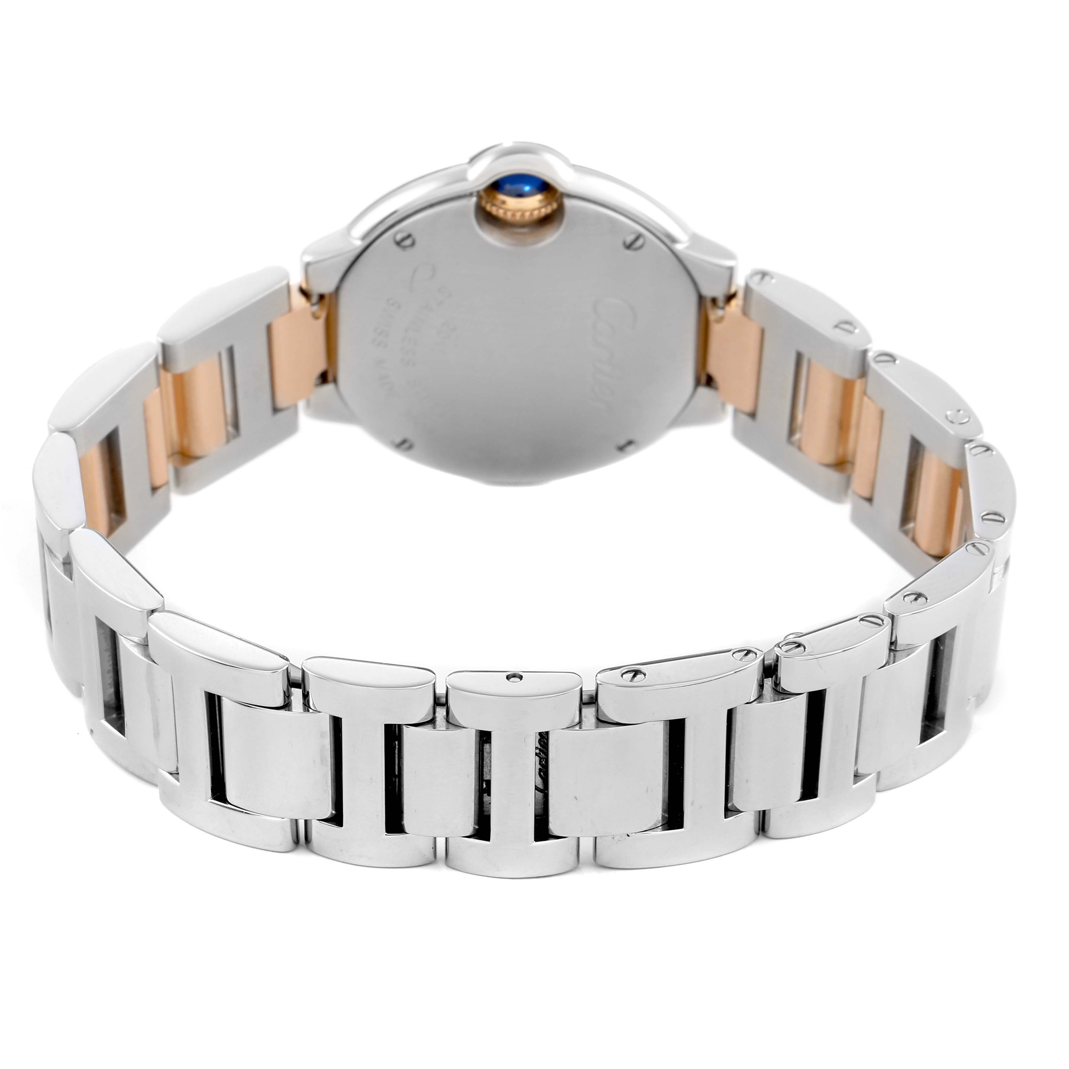The image shows the back of the Cartier Ballon Bleu W6920034 Women's Stainless Steel Mother of Pearl Dial watch, highlighting its bracelet and clasp from a rear angle.