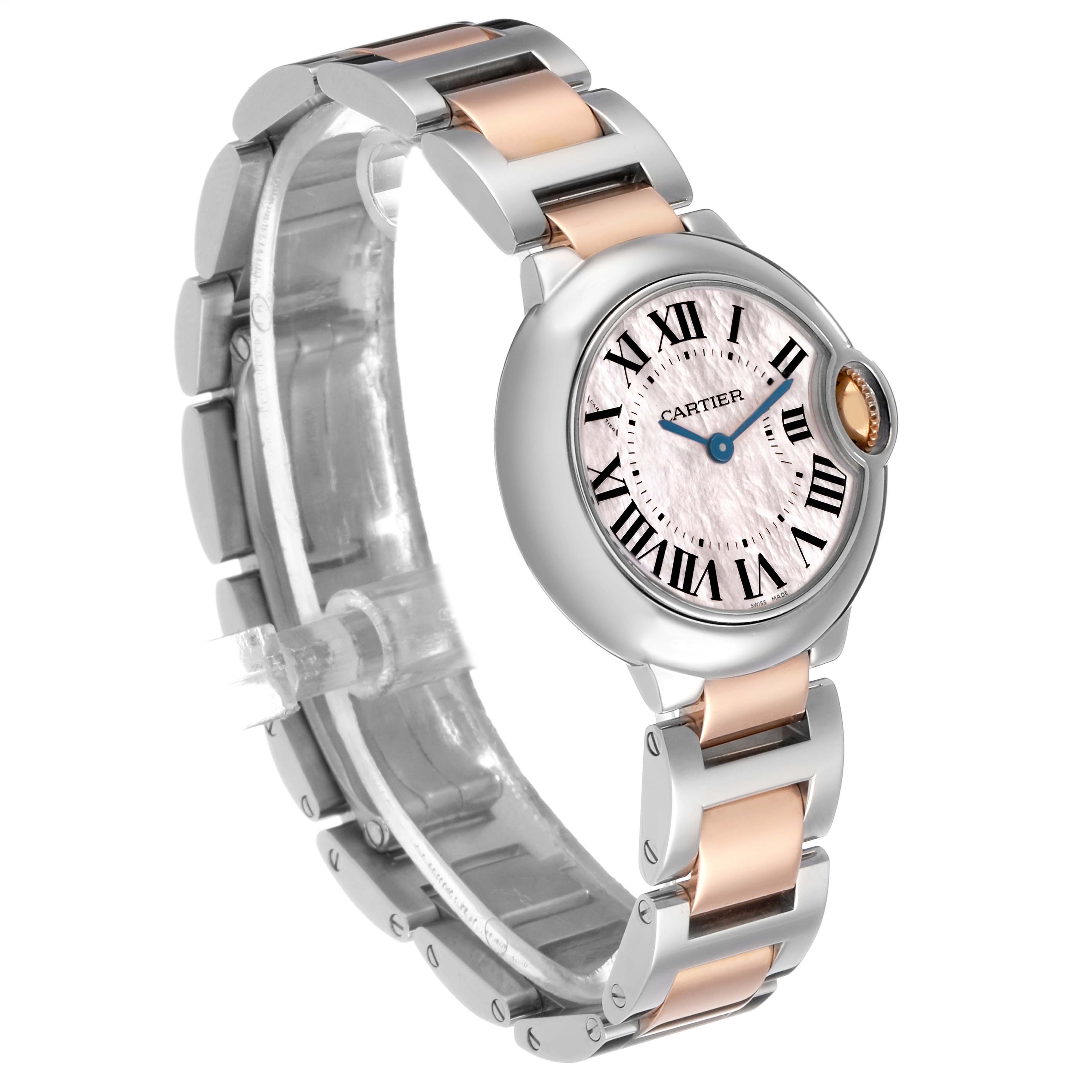 The Cartier Ballon Bleu W6920034 Women's Stainless Steel Mother of Pearl Dial watch is shown at a three-quarter angle, highlighting the round case, crown, and two-tone metal bracelet.