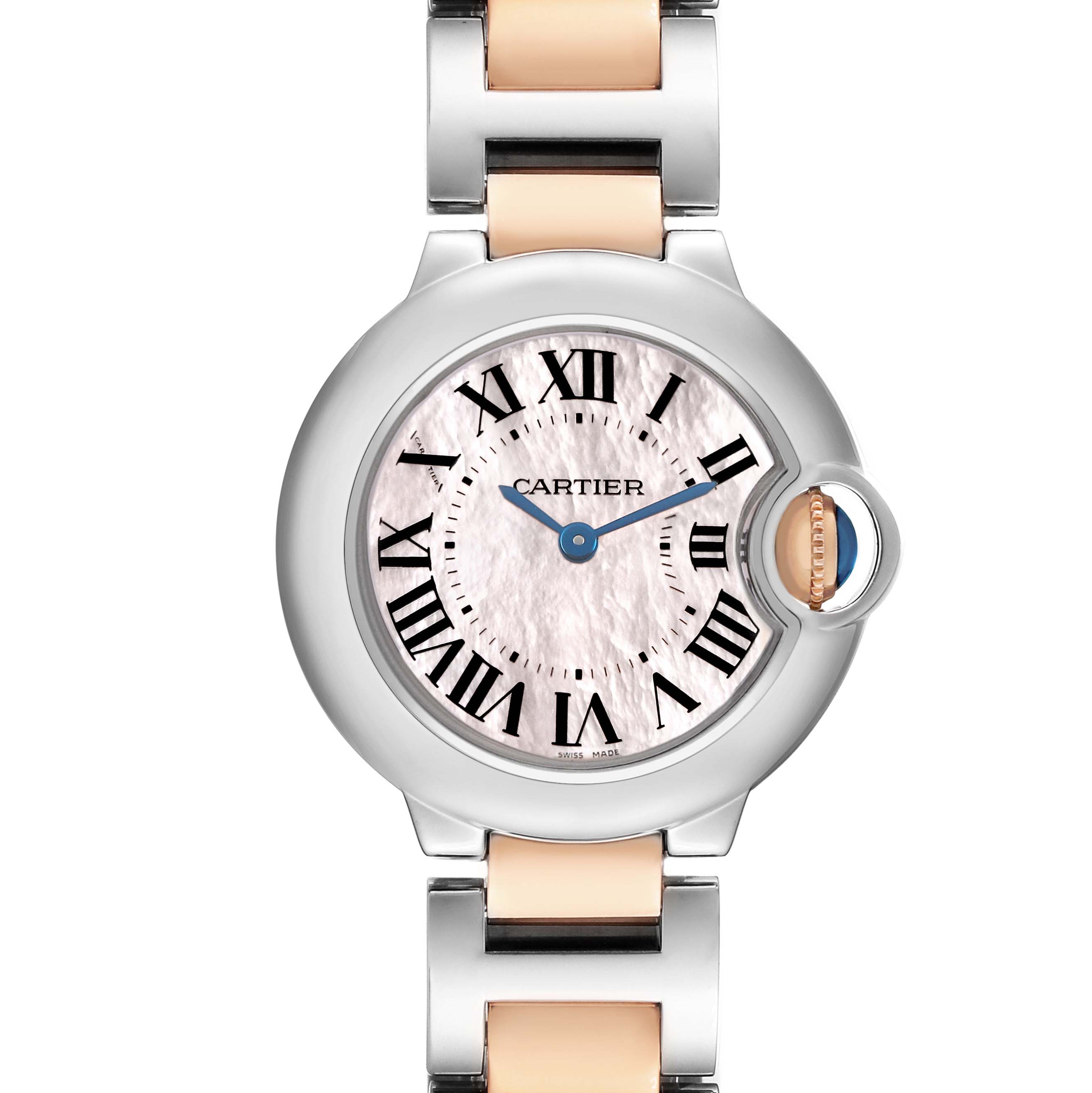 The image shows a front view of the Cartier Ballon Bleu W6920034 Women's Stainless Steel Mother of Pearl Dial watch, highlighting the dial, Roman numerals, and bracelet links.