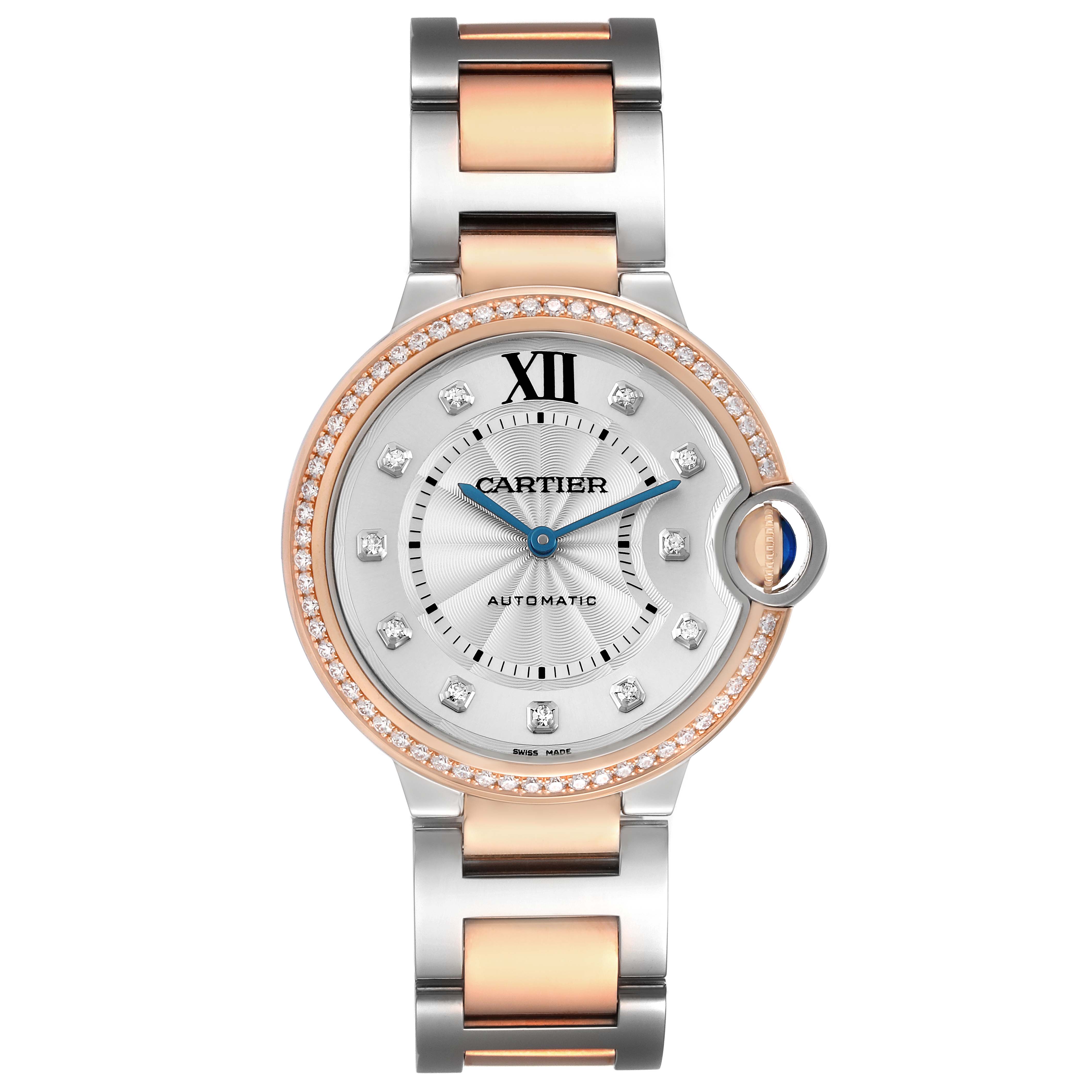 The Cartier Ballon Bleu W3BB0004 Men's Steel and Gold (two tone) Silver Dial watch is shown from the front, featuring a round face with a diamond bezel and a two-tone metal strap.