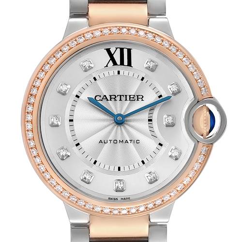 The Cartier Ballon Bleu W3BB0004 Men's Steel and Gold (two tone) Silver Dial watch is shown from the front, highlighting the dial, diamond bezel, and partial bracelet.