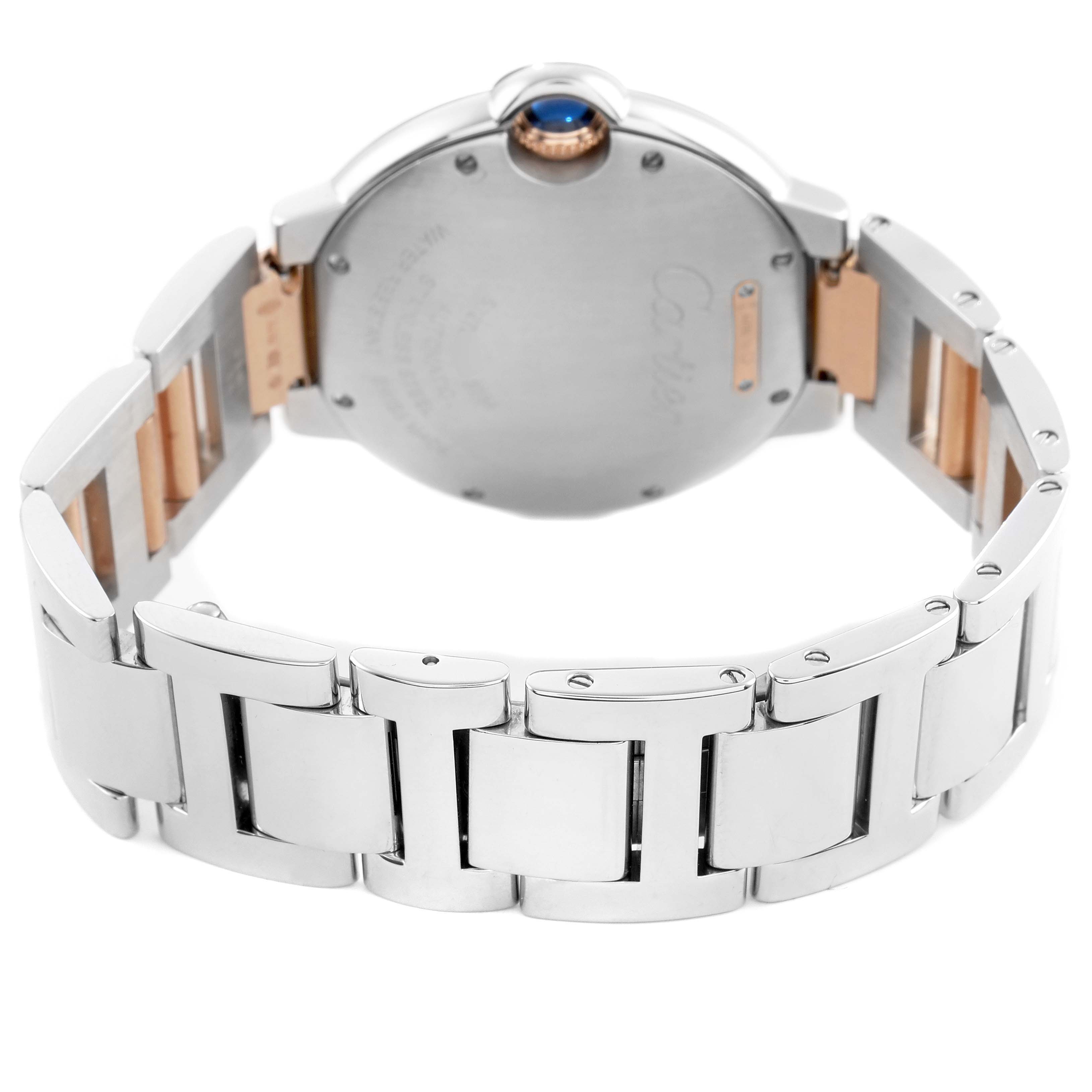 The image shows the back and bracelet of a Cartier Ballon Bleu W3BB0004 Men's Steel and Gold (two tone) Silver Dial watch, highlighting the clasp and caseback.