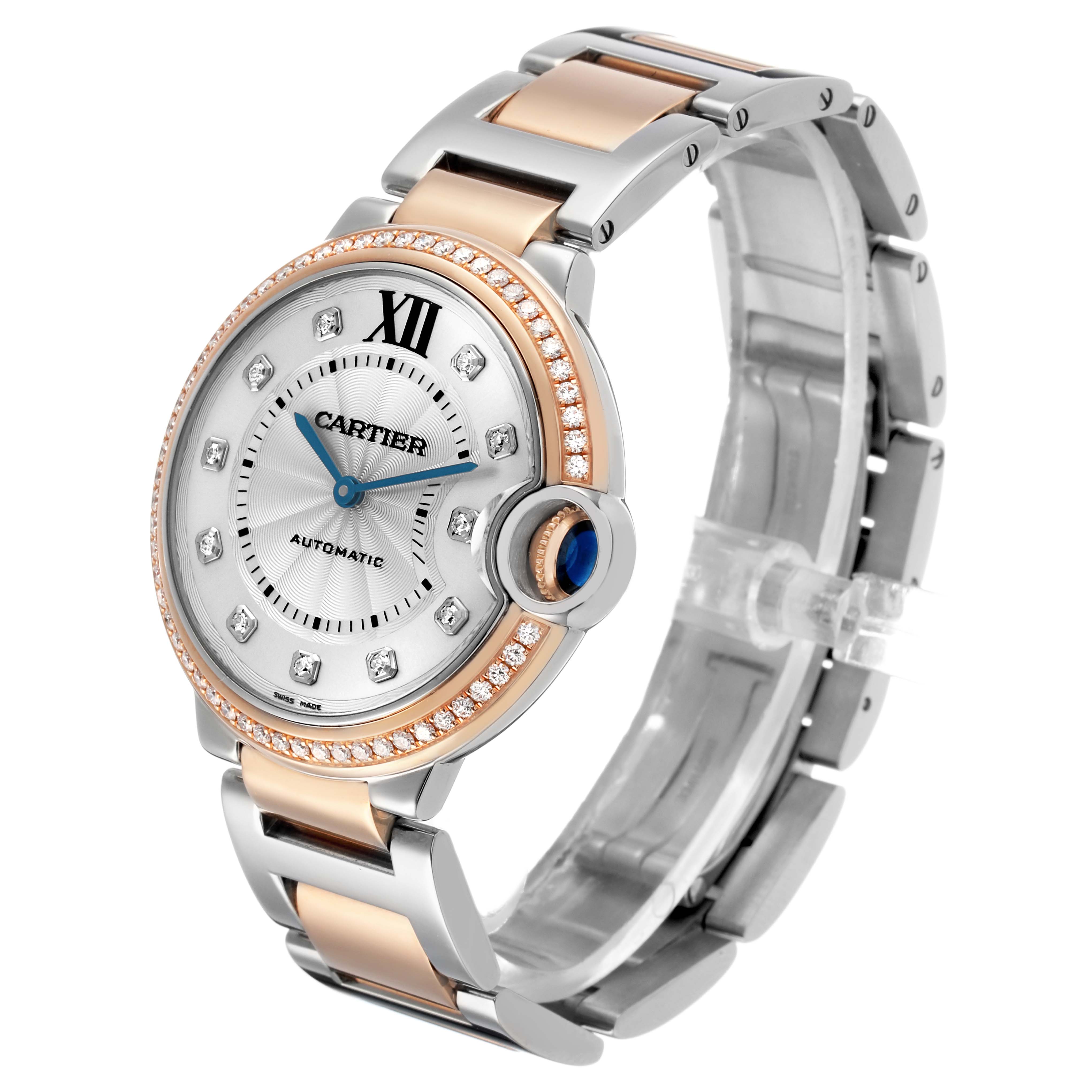 The Cartier Ballon Bleu W3BB0004 Men's Steel and Gold (two tone) Silver Dial watch is shown at a three-quarter angle, highlighting the face, crown, and bracelet details.