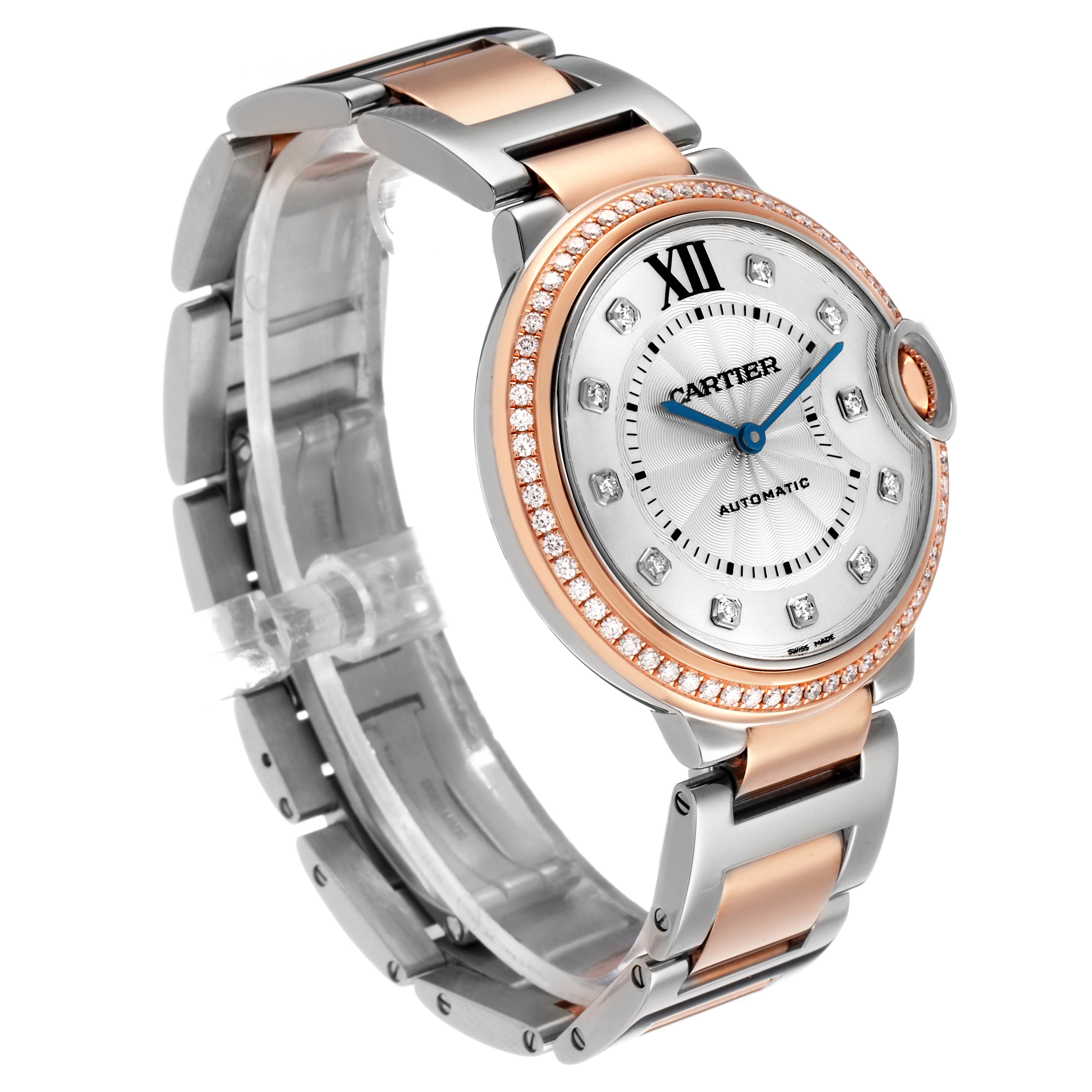 The Cartier Ballon Bleu W3BB0004 Men's Steel and Gold (two tone) Silver Dial watch is shown at an angled side view, highlighting its bracelet and diamond-set bezel.