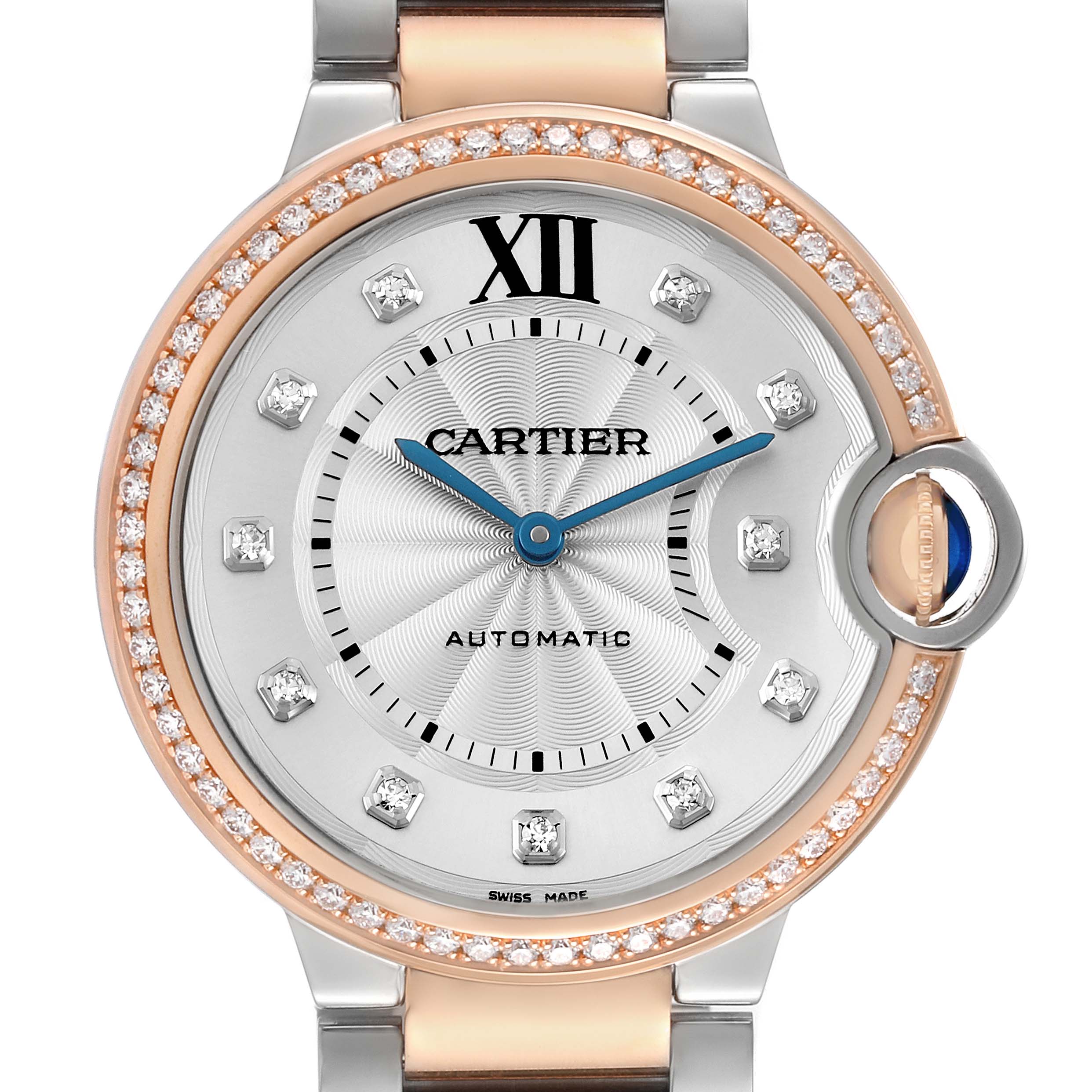 The Cartier Ballon Bleu W3BB0004 Men's Steel and Gold (two tone) Silver Dial watch is shown from the front, highlighting its dial, bezel, and crown with a diamond-set rim.
