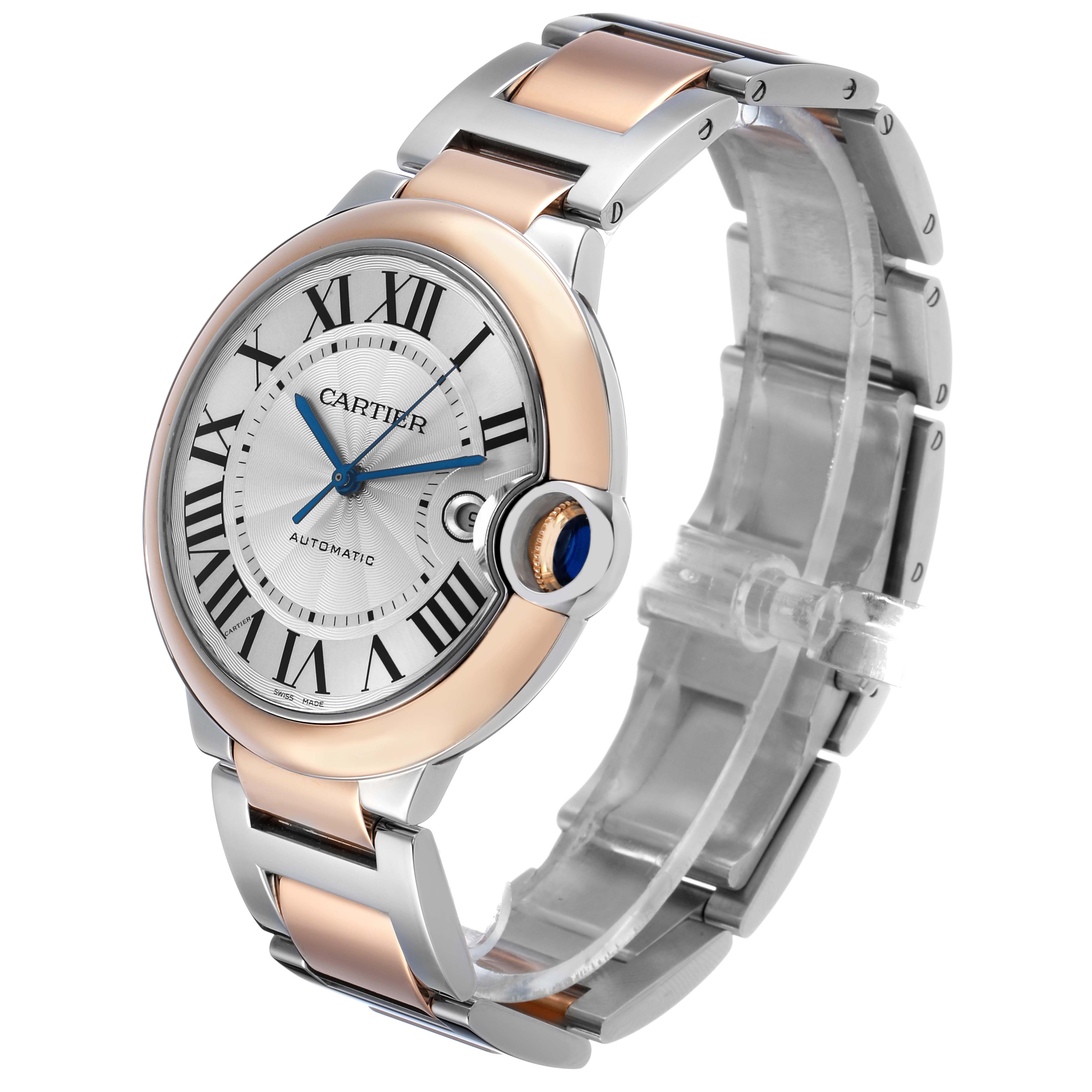 The Cartier Ballon Bleu W2BB0004 Men's Steel and Gold (two tone) Silver Dial watch is shown at a slight angle highlighting its face, bezel, and the bracelet's metal links.