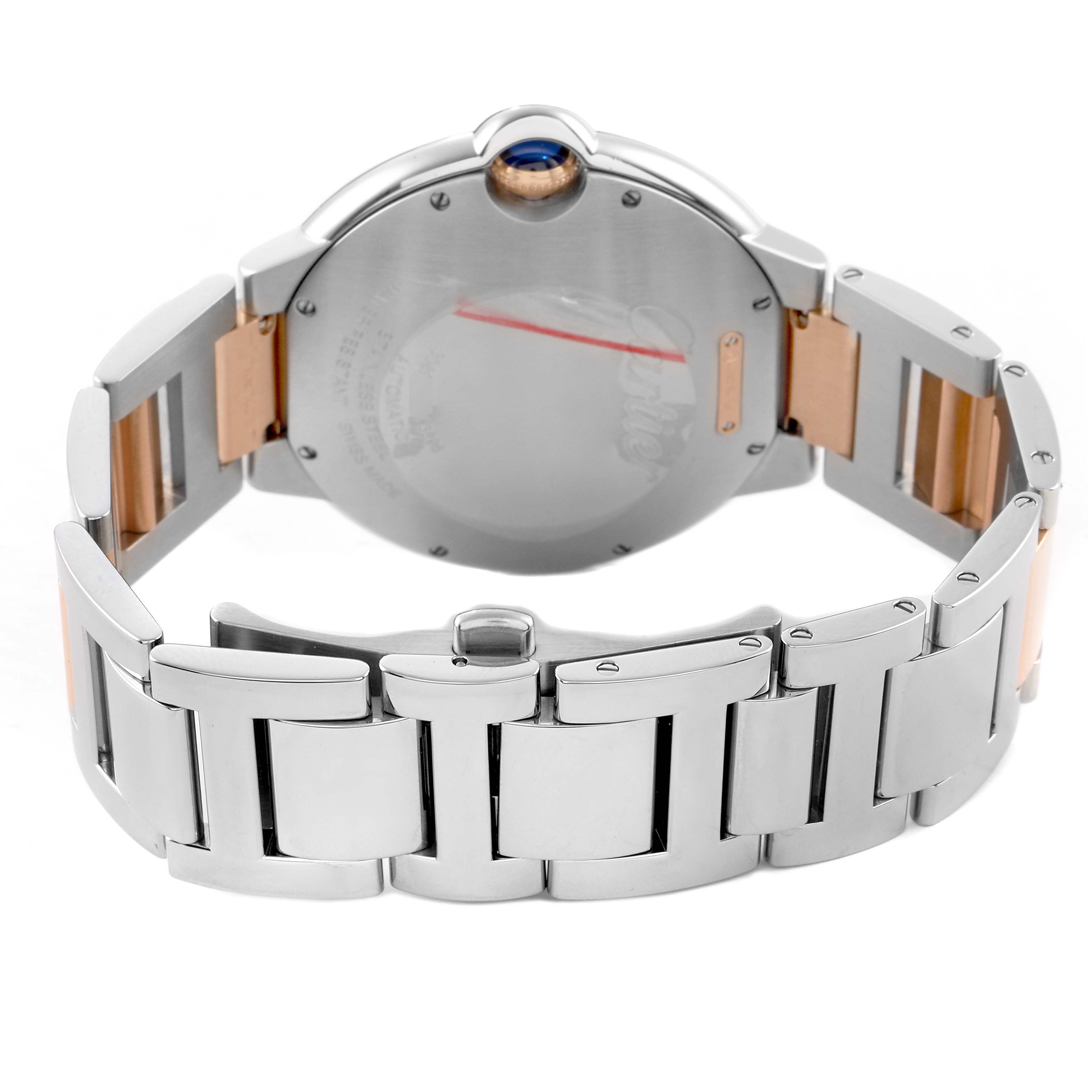 This image shows the back view of the Cartier Ballon Bleu W2BB0004 Men's Steel and Gold (two tone) Silver Dial watch, highlighting its stainless steel and rose gold bracelet and the case back.